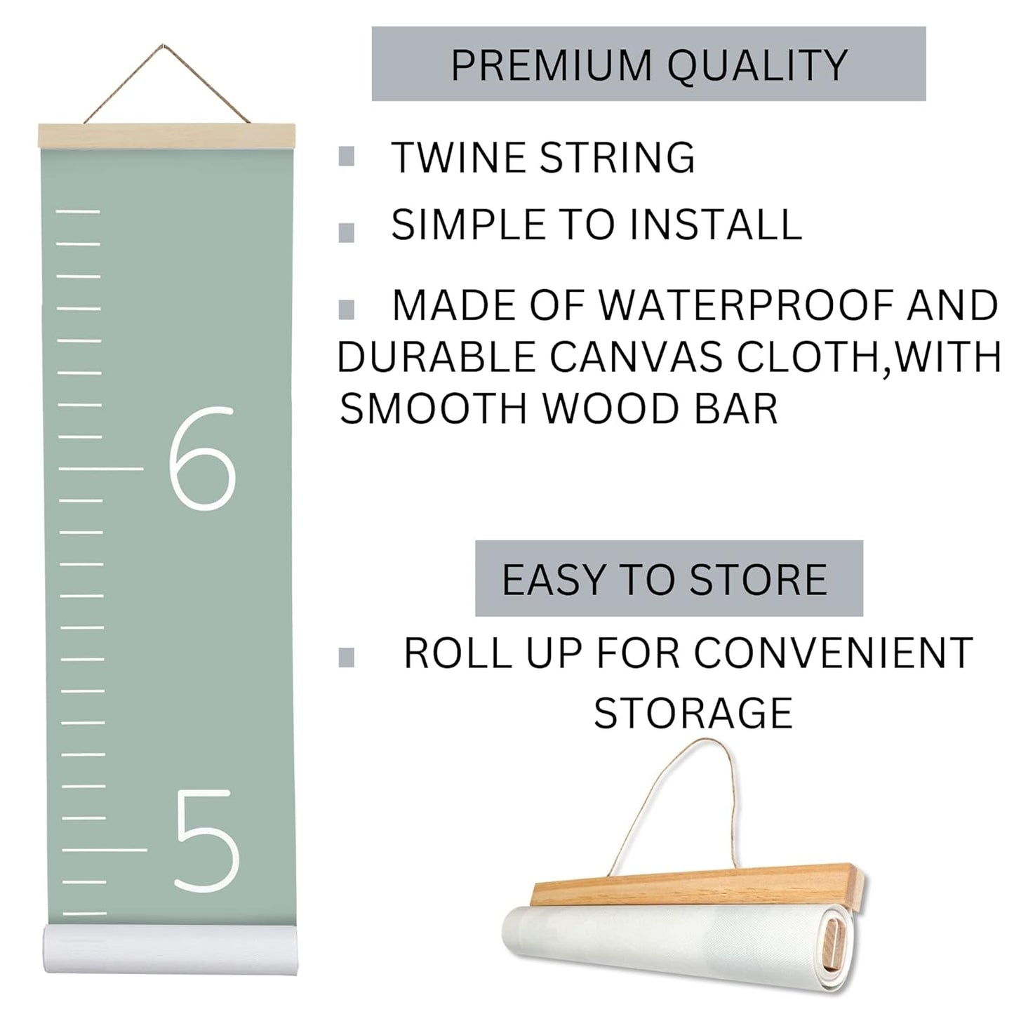 Morxy Canvas Growth Chart for Kids - Unisex Kids Room Wall Decor - Measuring Height Chart- Wall Tape with Height Chart for Kids (Canvas, Plain sage)
