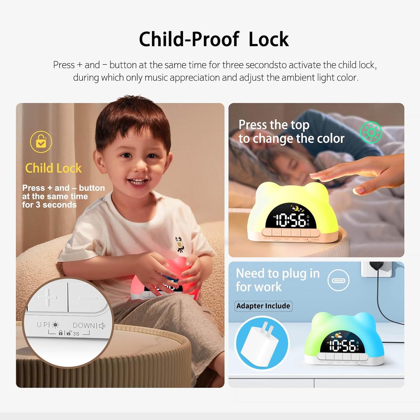 Hournor Kids Alarm Clock, Ok to Wake Alarm Clock for Kids, Toddlers Sleep Training Clock with 12 Colors Night Light for Bedroom, Sound Machine, Birthday Gift for Boys Girls Children(Adapter Include)