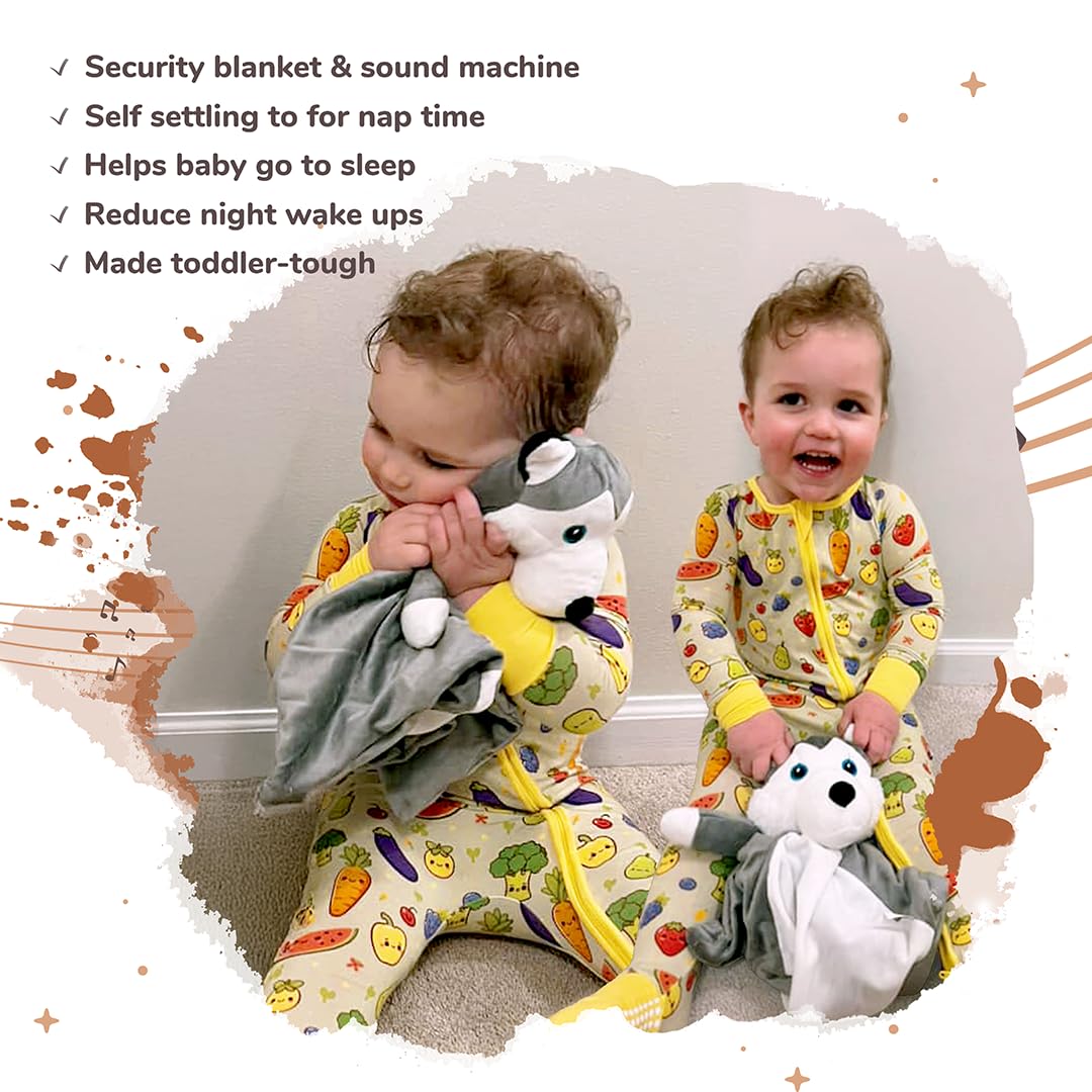 Love By Emi Baby Music Lovey Grey & White Husky, Baby Sleep Soother for Crib & Cuddle Bedtime, White Noise with Heartbeat & Lullaby, Plush Sound Toy, Stuffed Animal for Newborns, Infants & Toddlers