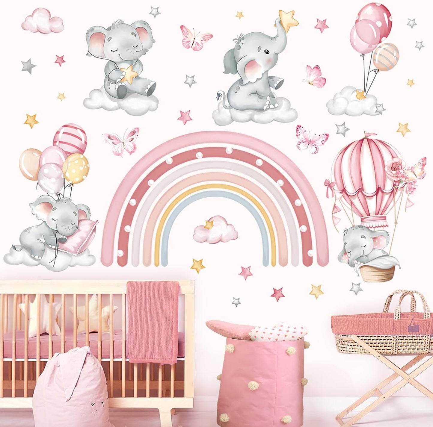 decalmile Pink Rainbow Elephant Wall Stickers Hot Air Balloon Animals Clouds Stars Wall Decals Baby Nursery Kids Bedroom Daycare Wall Decor