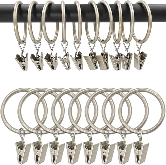 100 Pack Matte Silver Curtain Rings with Clips, Curtain Hooks Hangers Clip Rings for Hanging Drapes Bows Hat, Drapery Rings 1.5 in I D, Fits up to 1.2 in Diameter Curtain Rod.