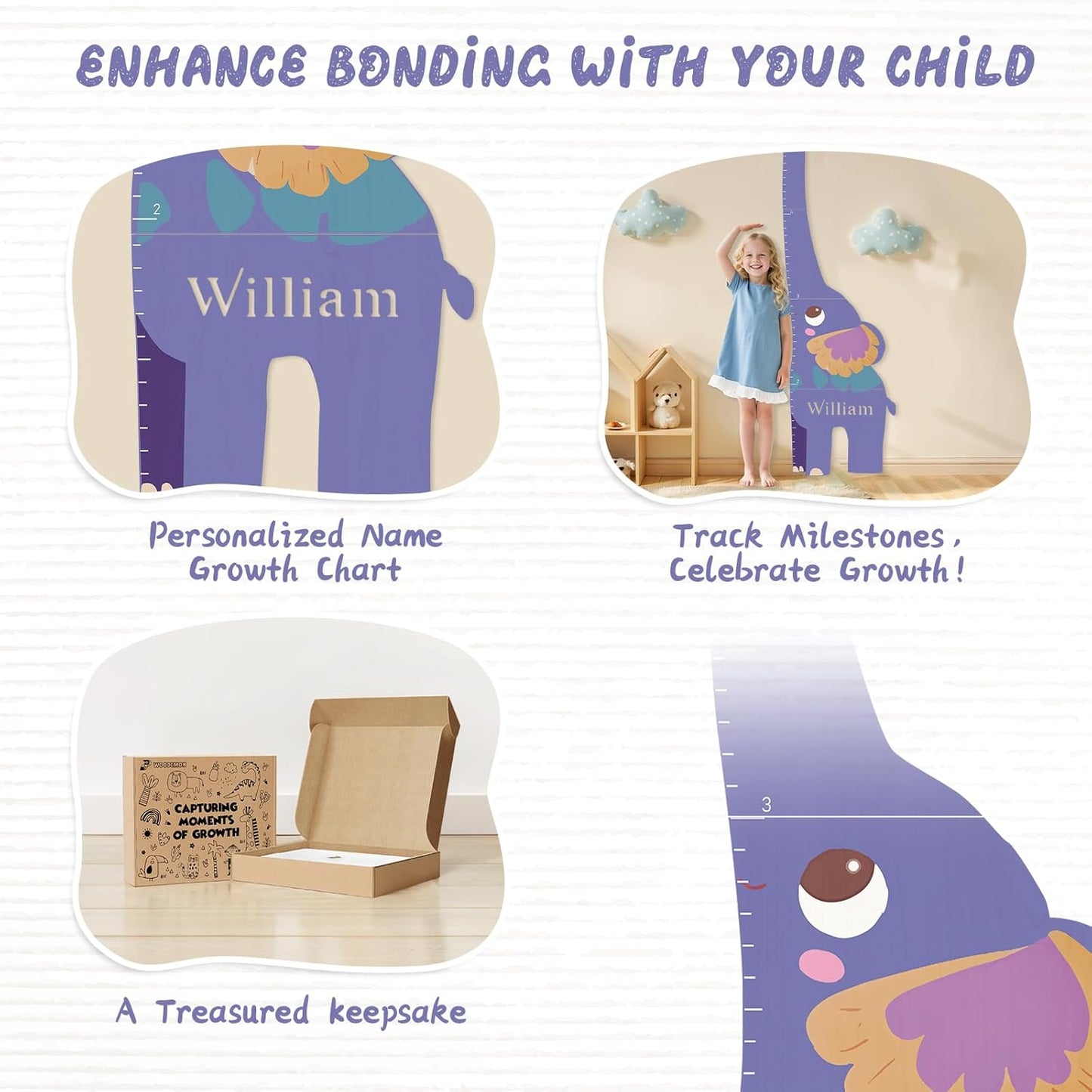 Personalized Name Growth Chart for Kids, Elephant Patchwork Wooden Height Chart for Wall Decor, Baby Boy Girl Measurement Ruler for Room 63" x 15.7"