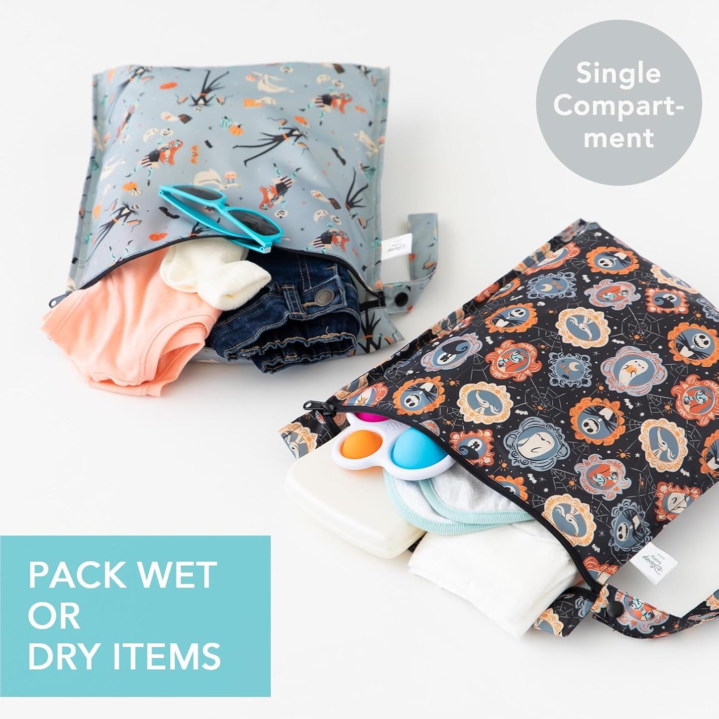 Bumkins - Disney - Waterproof Wet Bag - For Baby, Travel, Swim Suit, Cloth Diapers, Pump Parts, Pool, Gym, Toiletry, Strap to Stroller - Reusable & Easy to Clean - 2pk - Nightmare Before Christmas