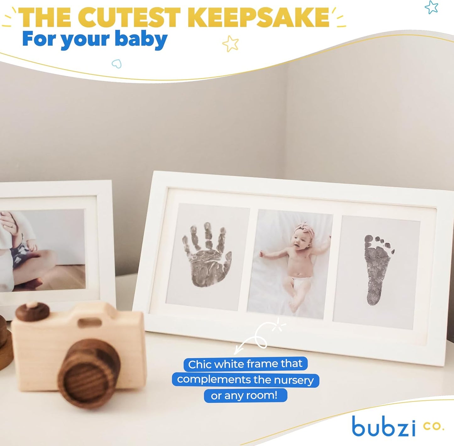 Bubzi Co Baby Handprint Kit & Footprint Photo Frame for Newborn Girls and Boys, Unique Baby Shower Gifts Set for Registry, Memorable Keepsake Decorations for Room Wall or Nursery Decor (White)