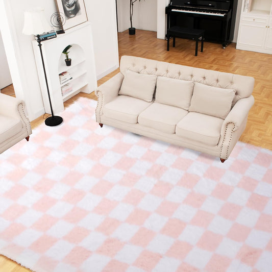 Super Soft Rug for Bedroom, 8x10 Ft Pink and White Area Rug Classic Checkered Shaggy Anti-Skid High Pile Soft Fluffy Rug Fuzzy Carpet for Living Room Bedroom Kids Room Nursery, Dorm Home Decor