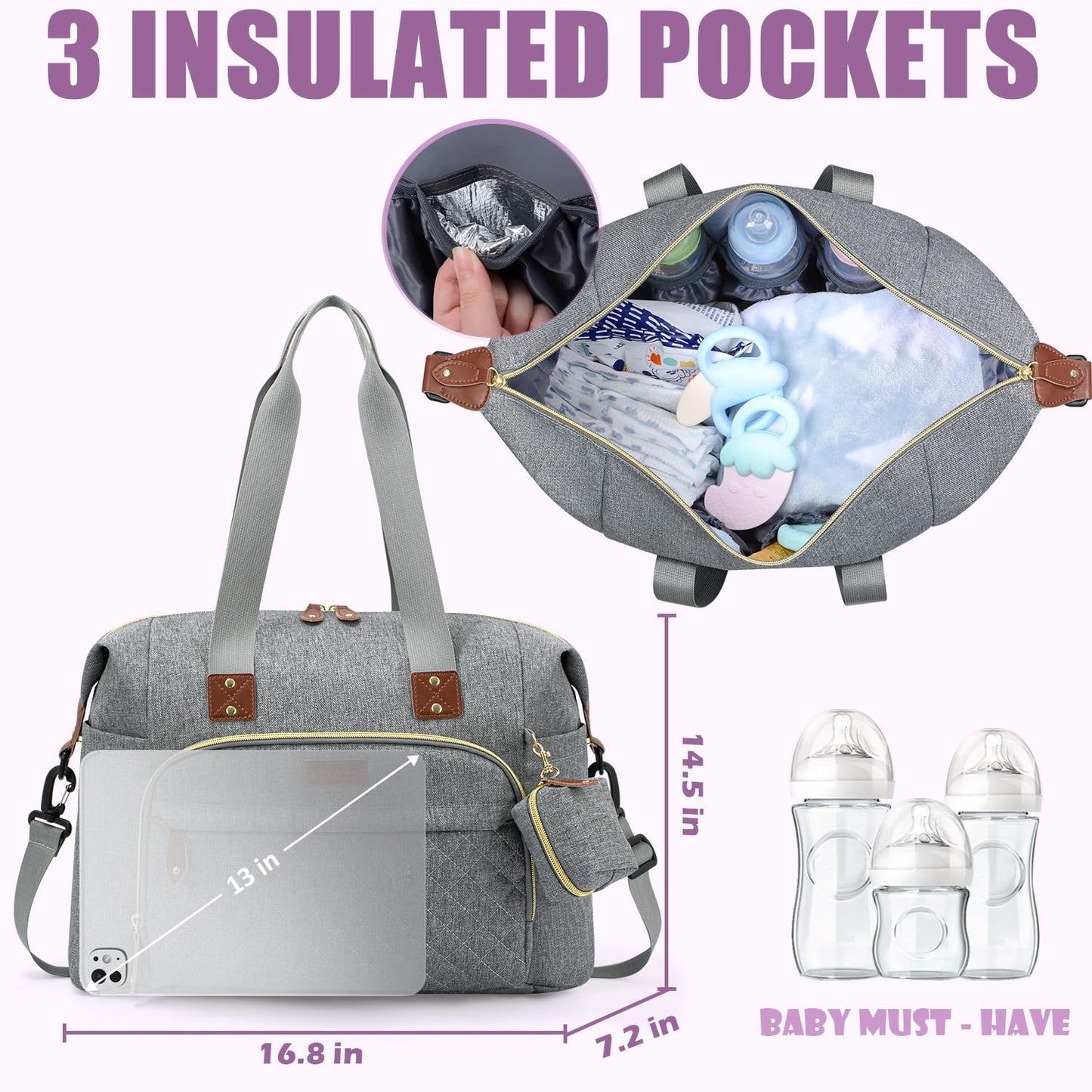 Tuwubi Diaper Bag Tote,Baby Diaper Bag with Pacifier Case Large Travel Diaper Tote Caddy for Mom and Dad Multifunction Large Baby Bag - Light Grey