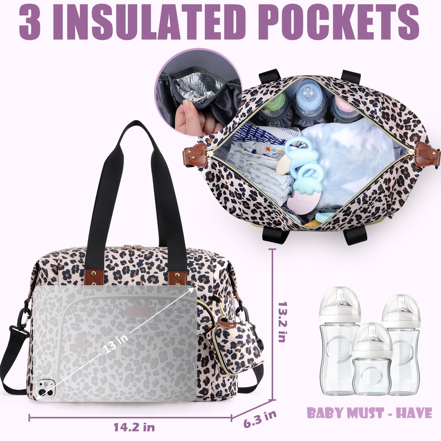 Tuwubi Diaper Bag Tote,Baby Diaper Bag with Pacifier Case Large Travel Diaper Tote Caddy for Mom and Dad Multifunction Large Baby Bag - M-Leopard Print