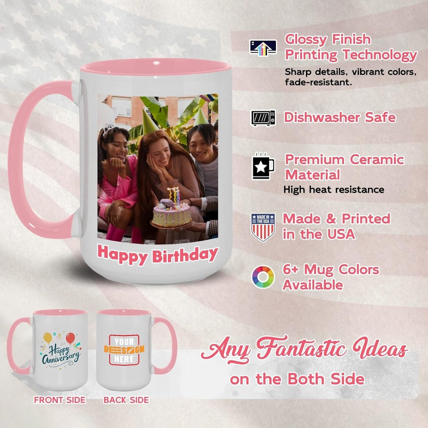 Ship Next Day Custom Mug Design Your Own Photo Text Personalized Picture Gifts for Women Men Customized Gift Idea Personalized Coffee Mugs 11oz Pink Handle