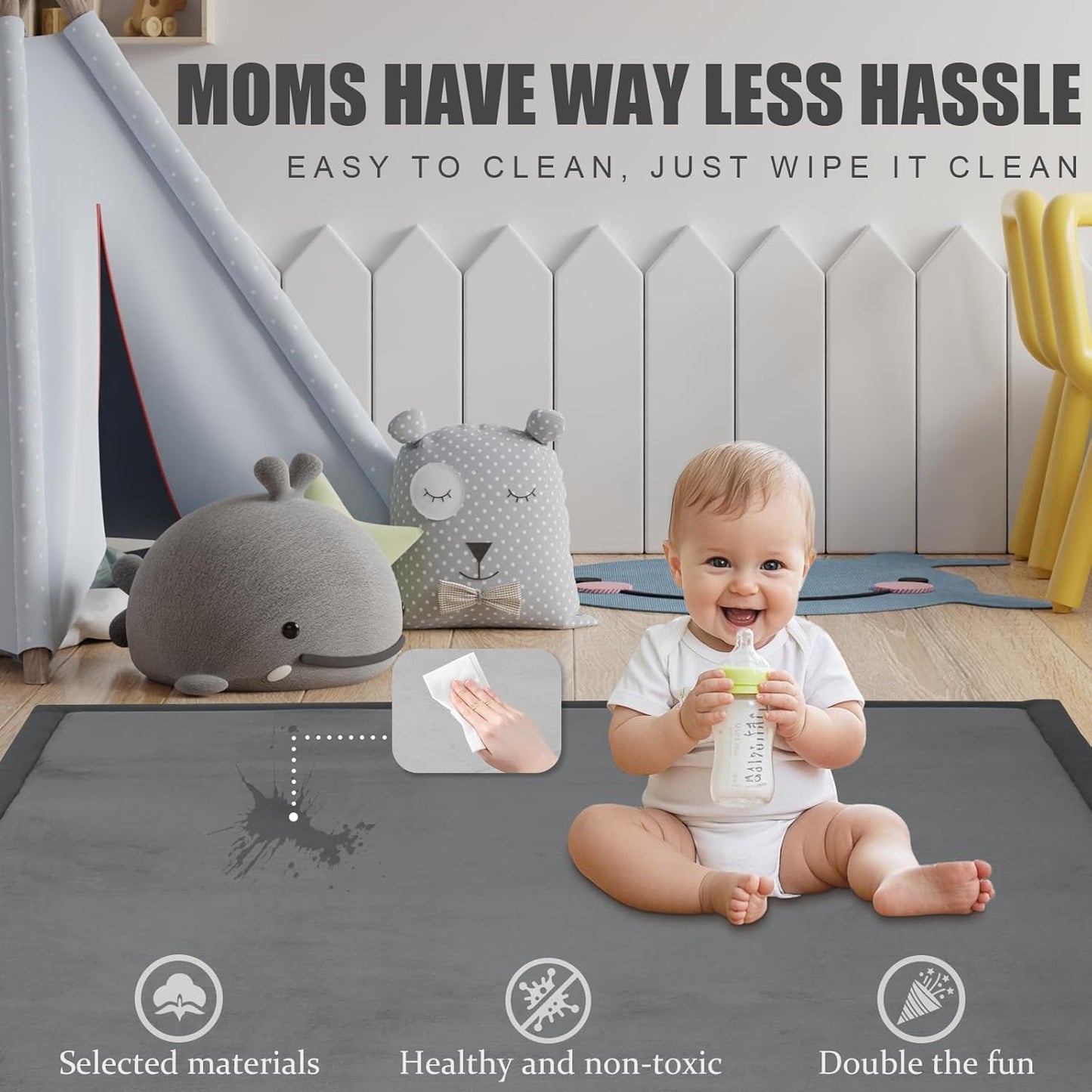 Baby Play Mat for Floor, 1.3"Thick Extra Large Cushioning Memory Foam Playpen Mat, Soft Coral Velvet Baby Crawling Mat with Non-Slip Backing, Baby Nursery Rug for Toddlers, Kids (Dark Grey, 79X59)