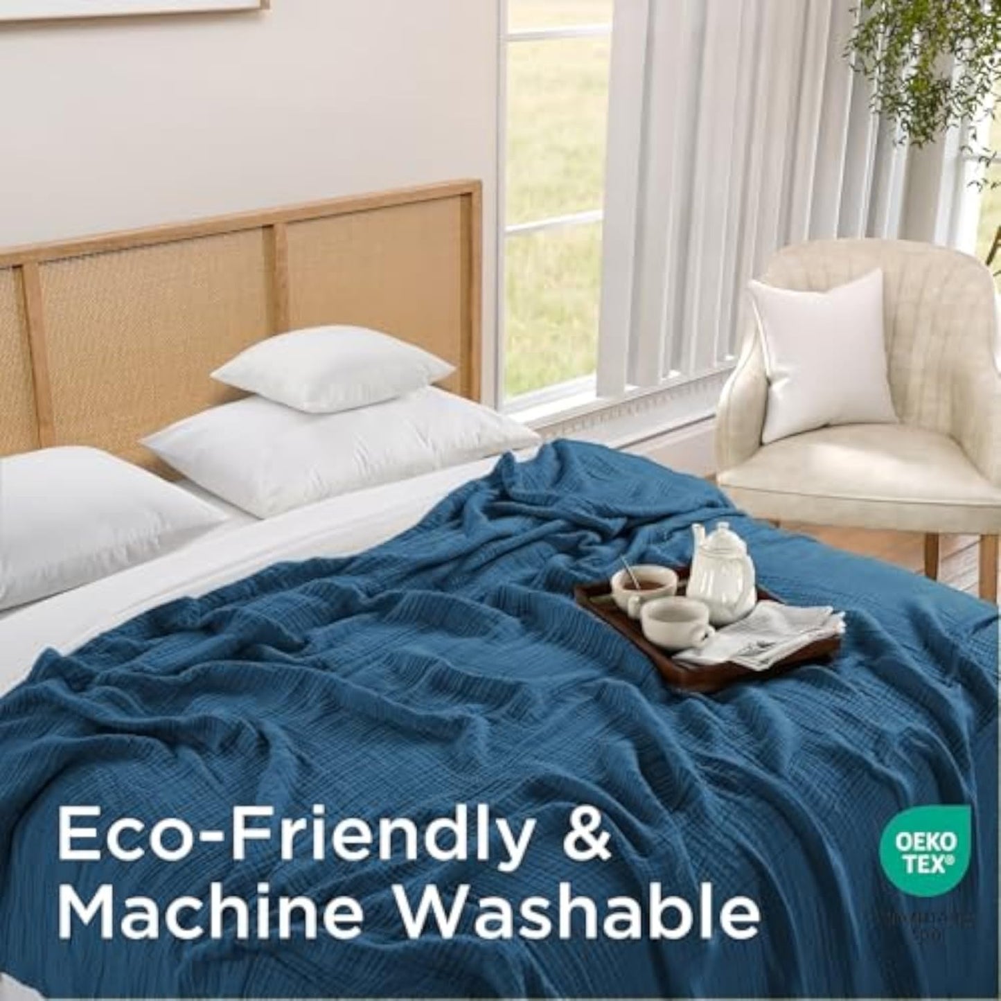 Threadmill Muslin Blanket for Queen Size Bed | 4 Layer 100% Cotton Gauze | Soft, Lightweight, and Cozy for All Seasons | Lightweight Summer Blanket | Folkstone Blue