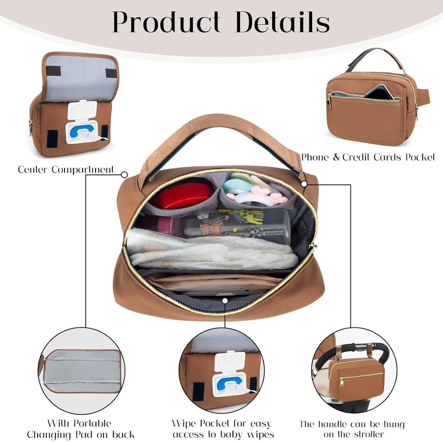 printe Small Diaper Bag with Portable Changing Pad, Crossbody Diaper Pack with Wipes Pocket, Women Waist Bag for Stroller Travel, Brown Large
