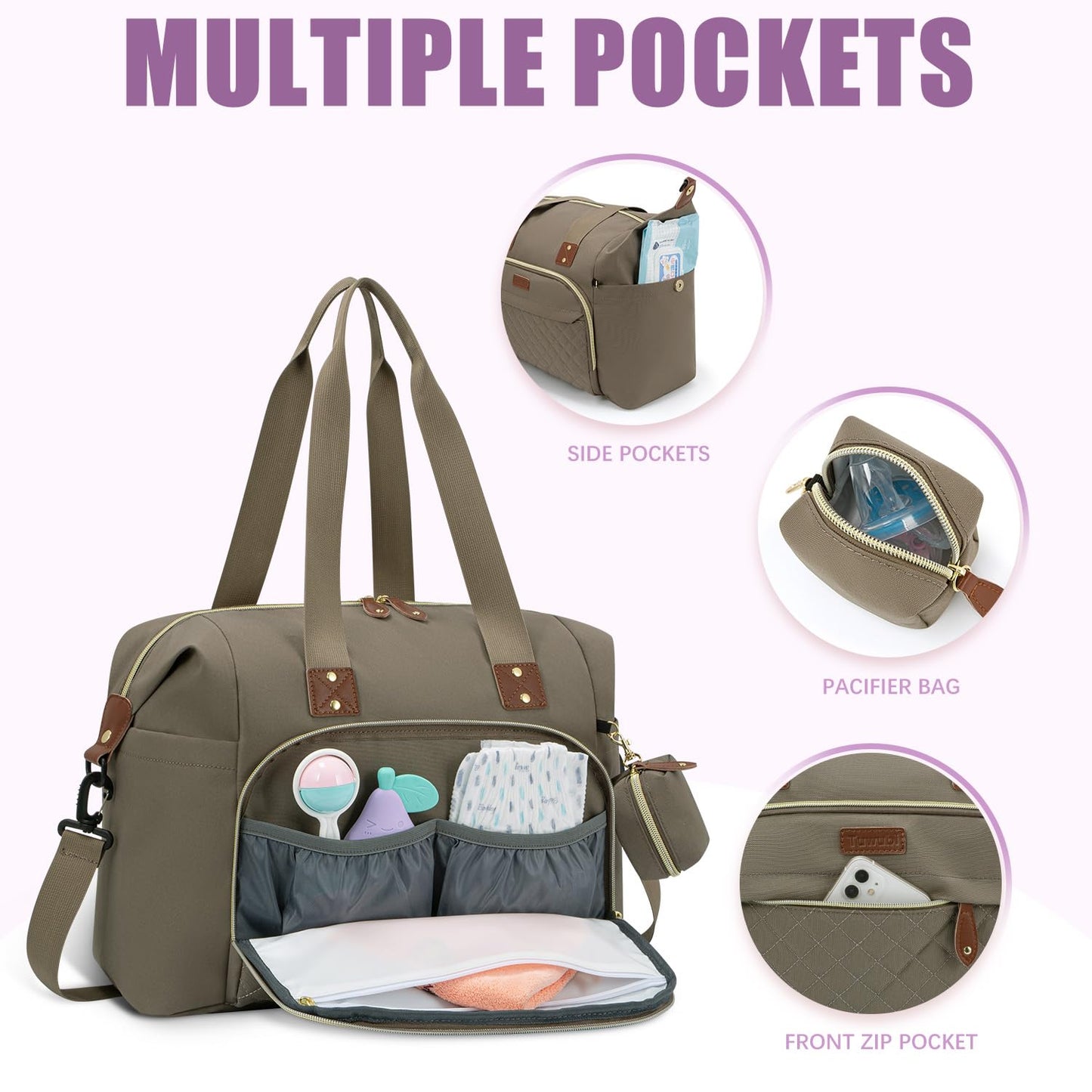 Tuwubi Diaper Bag Tote,Baby Diaper Bag with Pacifier Case Large Travel Diaper Tote Caddy for Mom and Dad Multifunction Large Baby Bag - Khaki