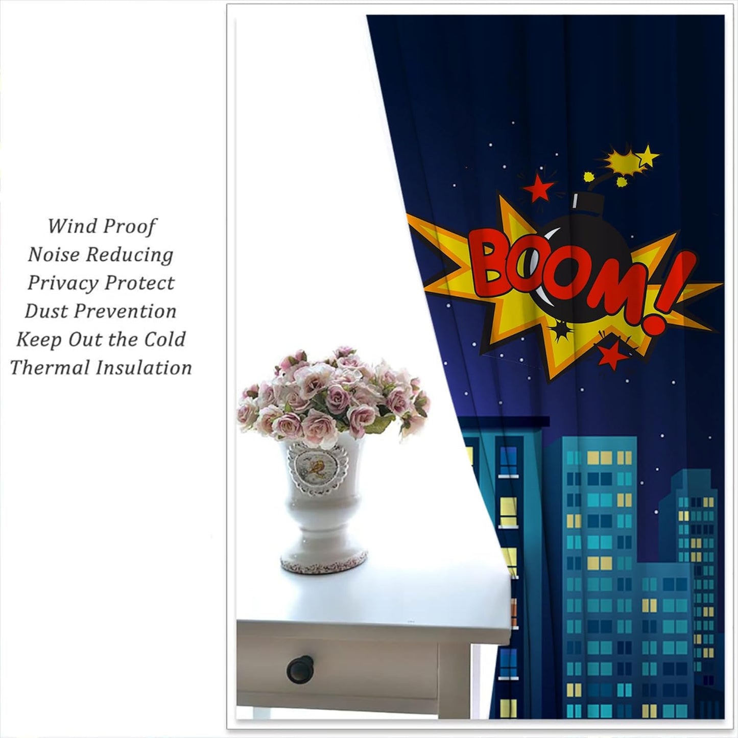 Superhero Rod Pocket Blackout Curtains for Boy Girl Bedroom, Cartoon Skyline Buildings Cityscape Home Energy Efficient Light Filtering Window Curtain for Living Room, 63x63 inch