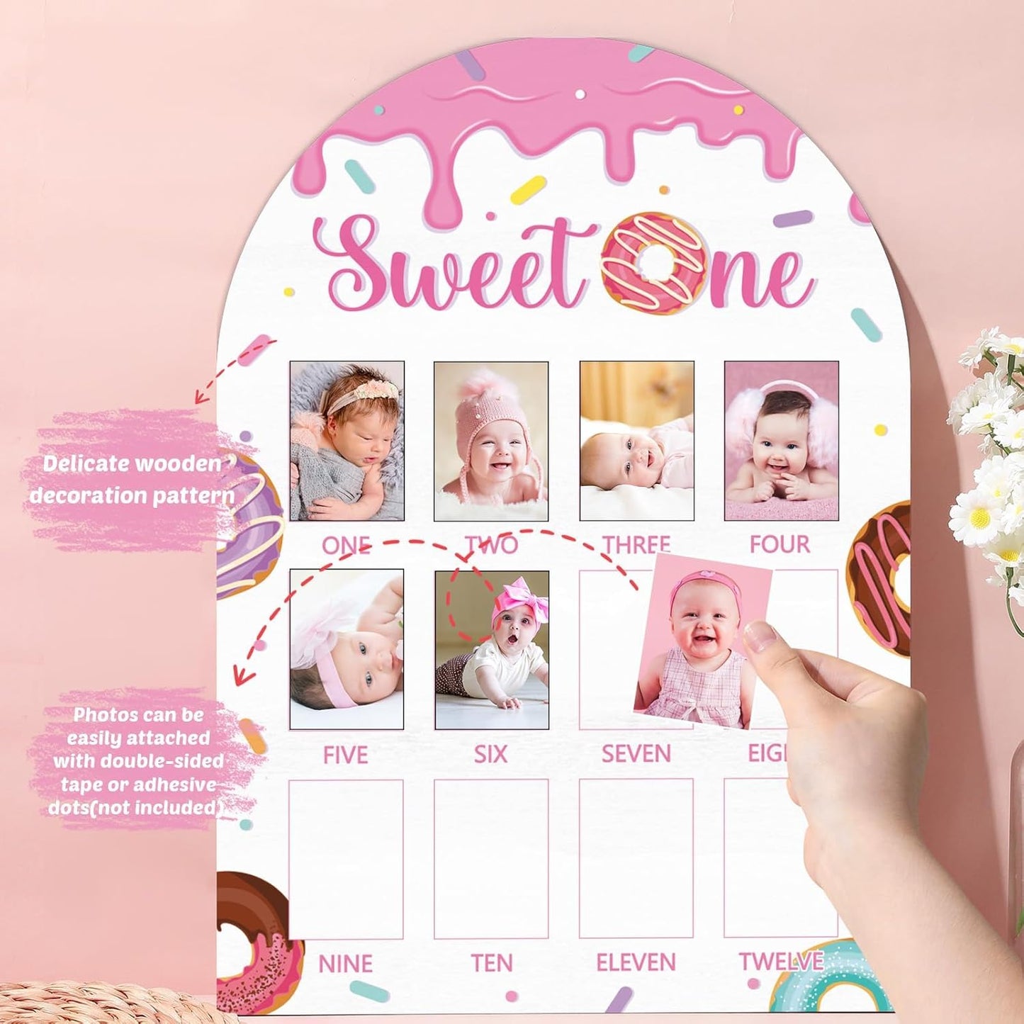 Sweet One First Year Photo Board Donuts Birthday Party Decorations Wooden Board 12 Monthly Milestone Picture Frame One Year Old Wood Sign 1st Birthday Photo Banner for Baby Girls Keepsake Gift Supply