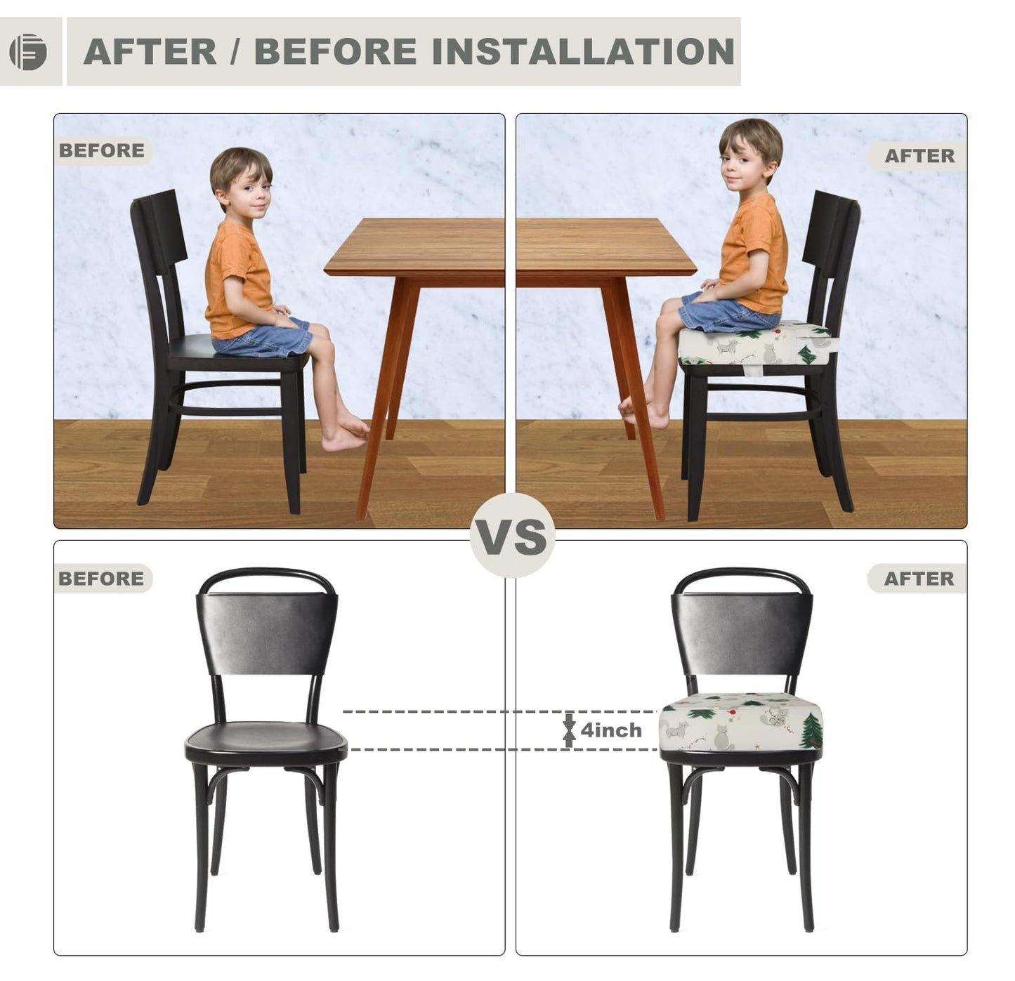Toddler Booster Seat for Dining Table, Portable Booster Seat for Kitchen Chair, 4 Inch High-Density Foam Cushion with Adjustable Safety Straps and Non-Slip Bottom, Perfect for Kids Travel and Daily