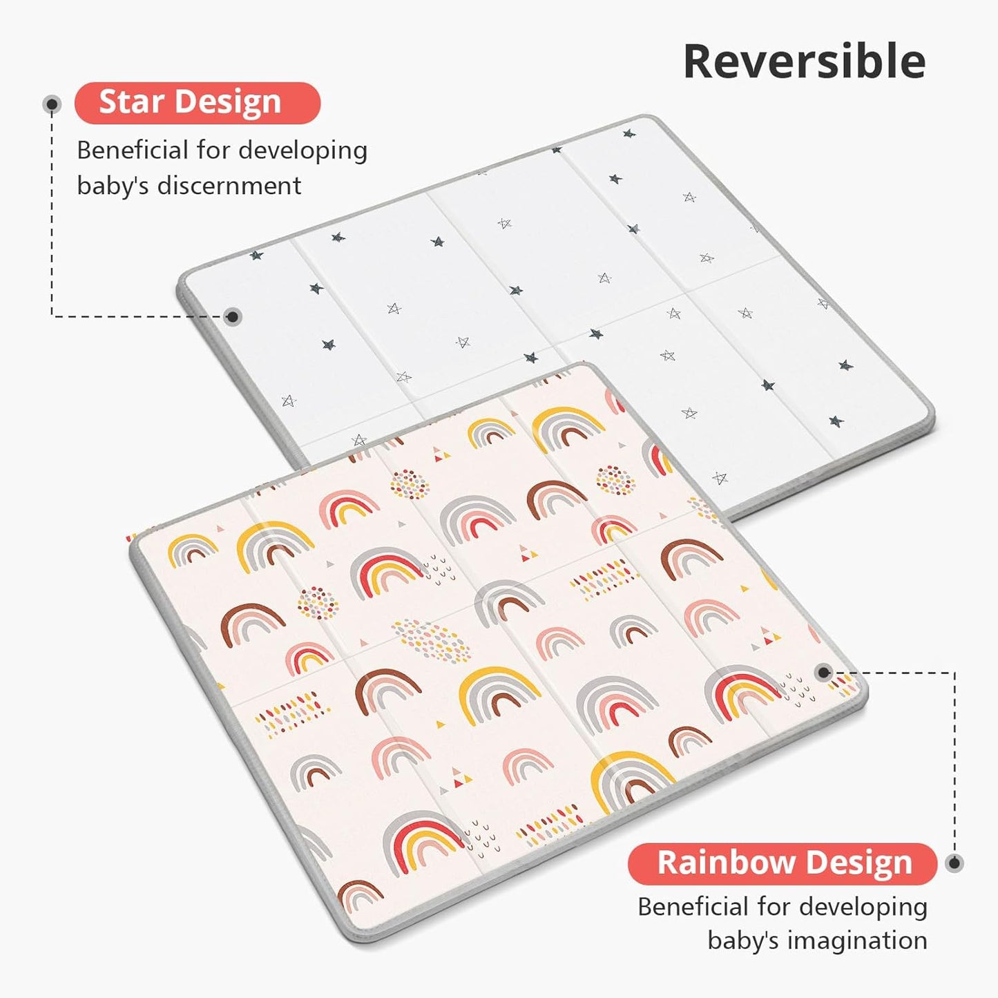 Foldable Baby Play Mat, PIGLOG 50x50 Playpen Mat, Safe Foam Playmat for Tummy Time, Waterproof Playmats for Babies and Toddlers Kids, Reversible Portable Baby Floor Mat for Infant, Rainbow Rain