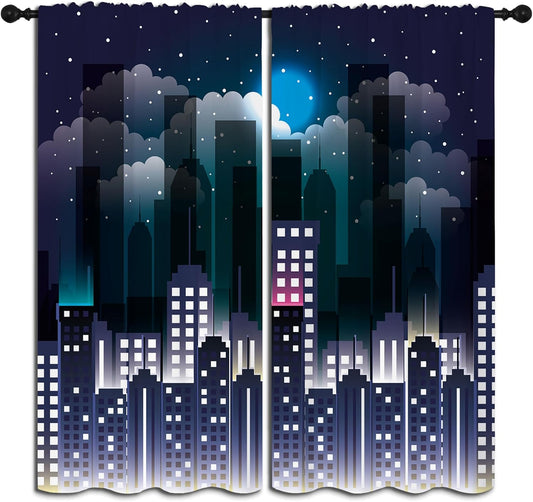 Superhero Rod Pocket Blackout Curtains for Boy Girl Bedroom, Violet Night Sky Buildings Cityscape Home Energy Efficient Light Filtering Window Curtain for Living Room,84x84 inch