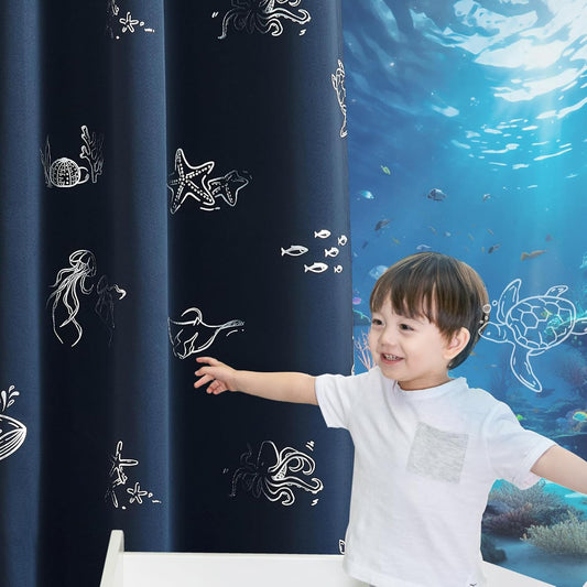 Vangao Kids Curtains for Boys Bedroom Kids Blackout Curtains 84 Inch Length Ocean Aquarium Nursery Drapes for Girls Bedroom Silver Sea Animals Print Thermal Insulated Drapes, Navy Blue 2 Panels