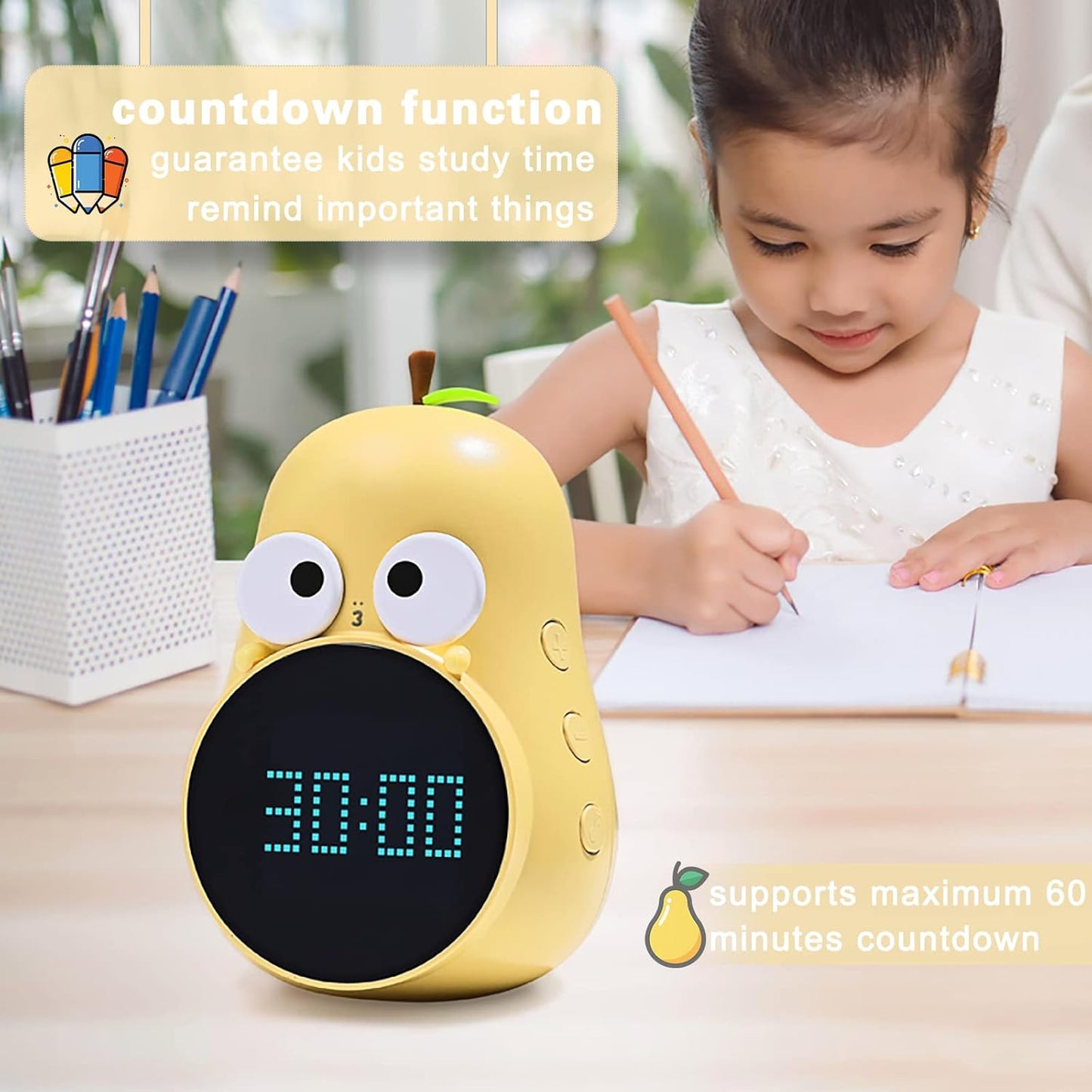 Kids Alarm Clock for Girls Pear Alarm Clock with Snooze Toddler Sleep Training Clock for Bedroom Home Office(Yellow)
