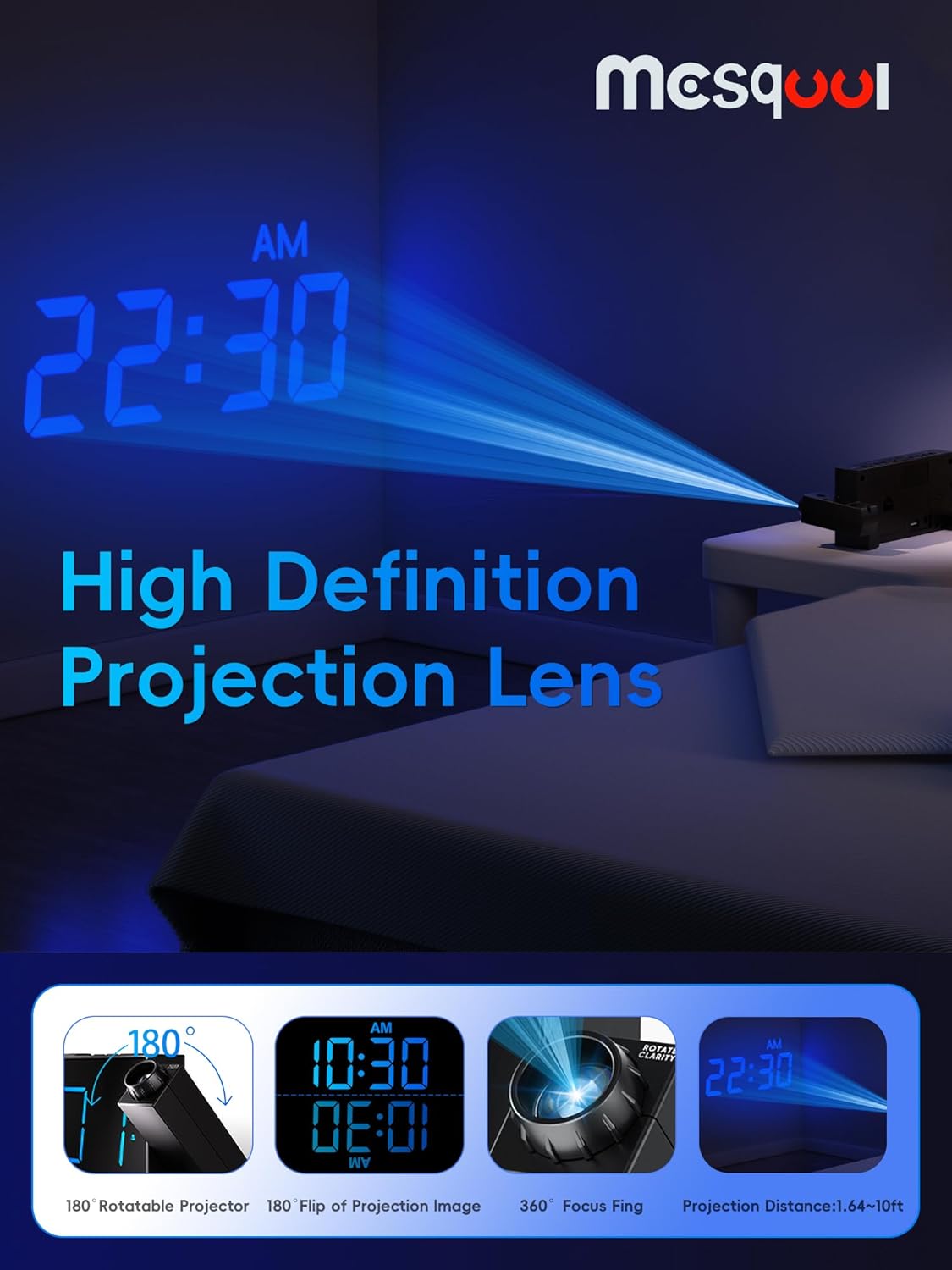 Mesqool Projection Alarm Clock, Loud Vibrating Alarm Clock for Heavy Sleepers, Adjustable Projection Brightness,Hearing Impaired & Deaf People, Digital Alarm Clock with USB Charging Port