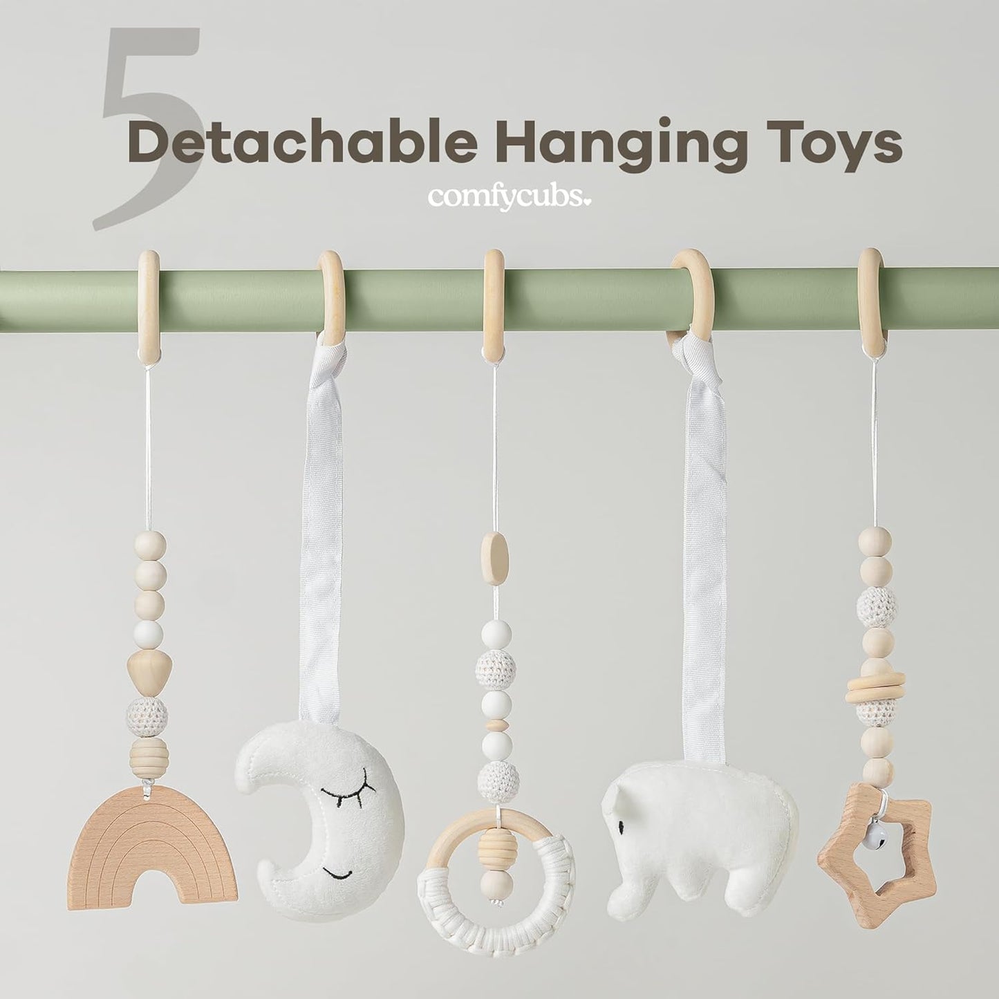Comfy Cubs Wooden Baby Play Gym - Natural Finish Pinewood Baby Activity Gym with 5 Sensory Hanging Toys - Easy No-Tool Assembly, Safe and Durable for Infant Motor and Visual Development - Sage