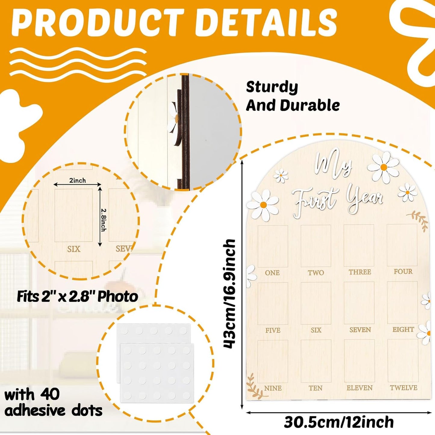 Daisy First Year Photo Board Flower Birthday Party Wooden Board Decorations 12 Monthly Milestone Picture Frame One Year Old Wood Sign 1st Birthday Photo Banner for Baby Girls Keepsake Gift Supply