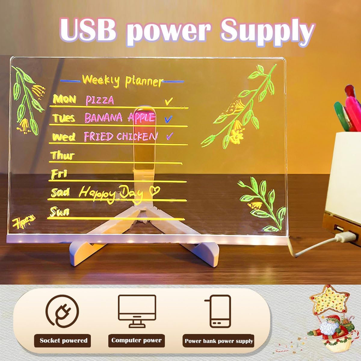 LED Drawing Board, Light Up Erasable Acrylic Message Board with Night Light, Neon Writing Tablet with Adjustable Stand & 12 Color Pens for Kids, Office, and Home Decor (11.8 * 7.9in)