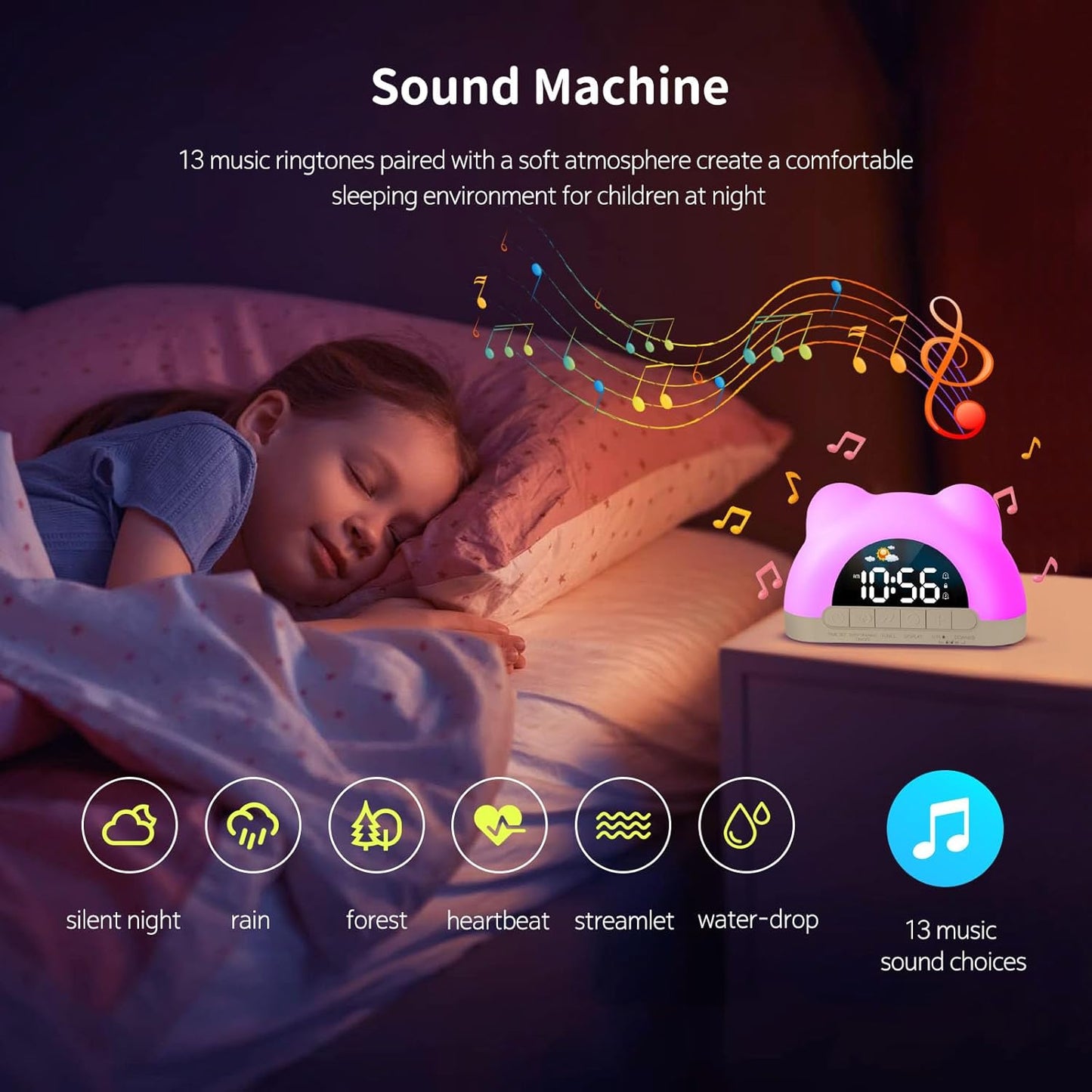 Hournor Kids Alarm Clock, Ok to Wake Alarm Clock for Kids, Toddlers Sleep Training Clock with 12 Colors Night Light for Bedroom, Sound Machine, Birthday Gift for Boys Girls Children(Adapter Include)