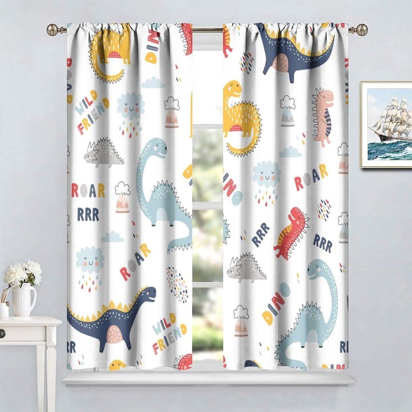 Cartoon Dinosaur Curtains for Kids Boys Girls Home Decor Colorful Cute Dino Animals Print Pattern Rod Pocket Blackout Window Drapes for Nursery Baby Bedroom Playroom W21xL63in 2 Panels