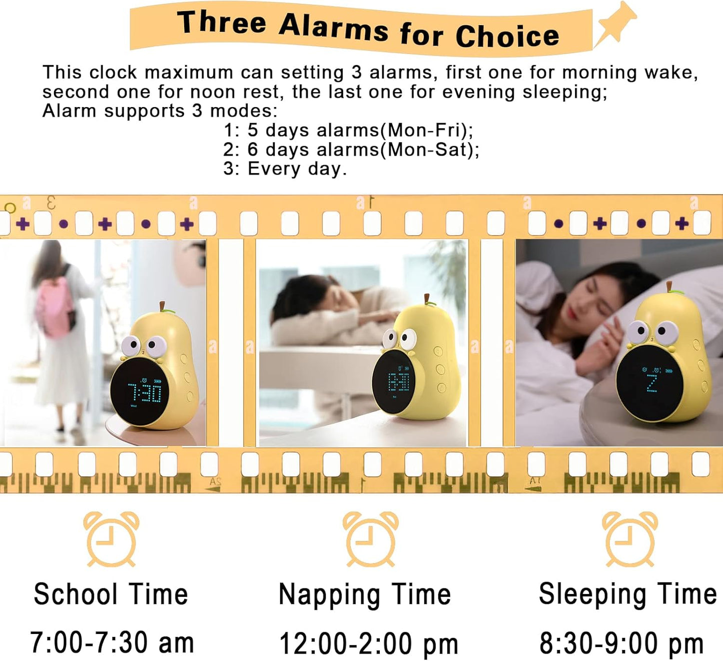 Kids Alarm Clock for Girls Pear Alarm Clock with Snooze Toddler Sleep Training Clock for Bedroom Home Office(Yellow)