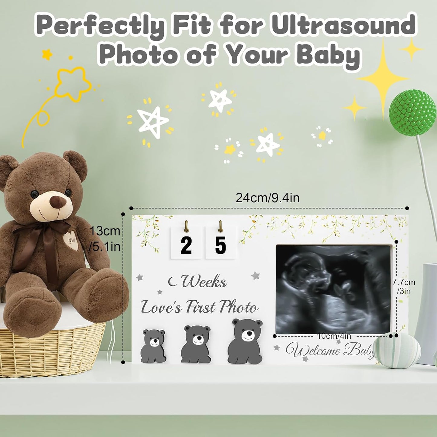 Ultrasound Picture Frames with Countdown Weeks, Baby Sonogram Picture Frame with Plant Prints for Standard 4" x 3" Love's First Ultrasound Photo, Pregnancy Announcement, Gender Reveal Baby-Shower Gift