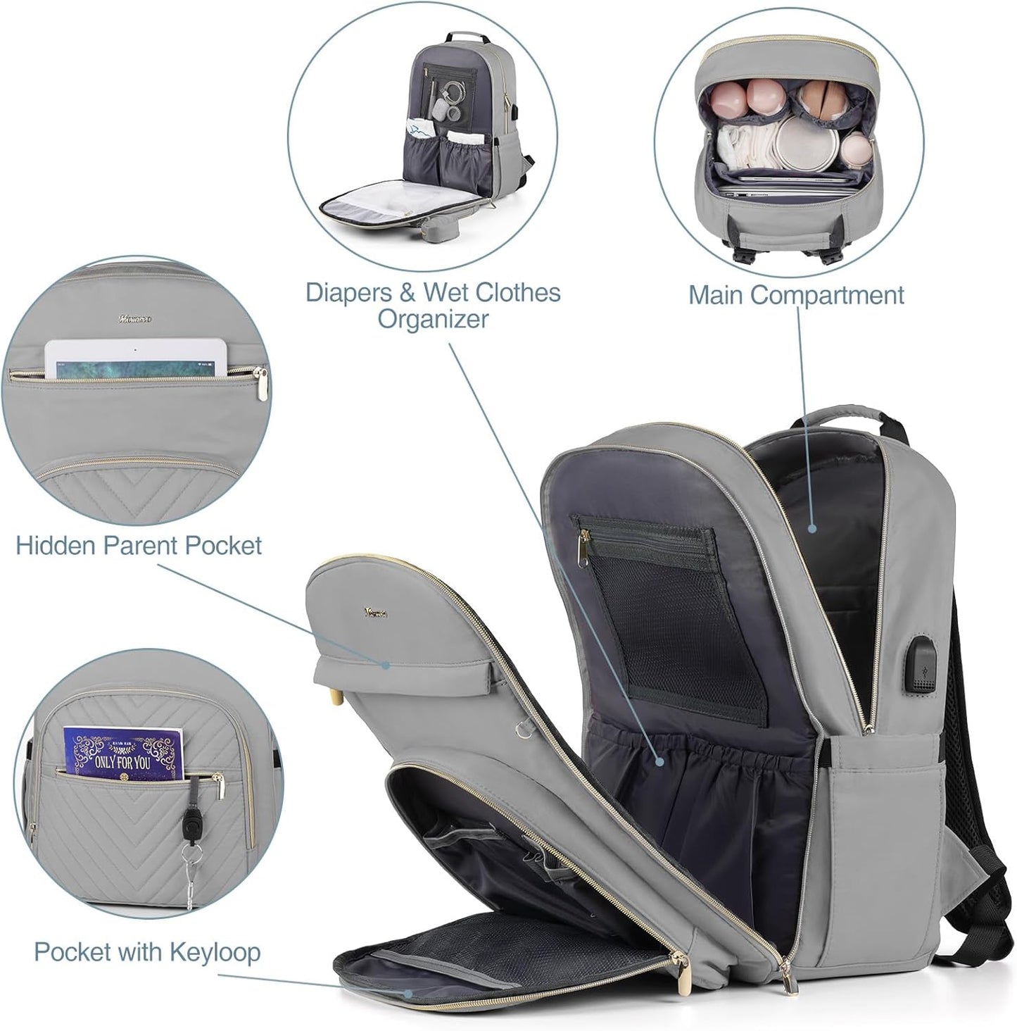 MOMUVO Diaper Bag Backpack, Quilted Baby Bag with Changing Pad and Stroller Straps and Pacifier Case, Large Travel Diaper Bags for Mom Dad, Grey