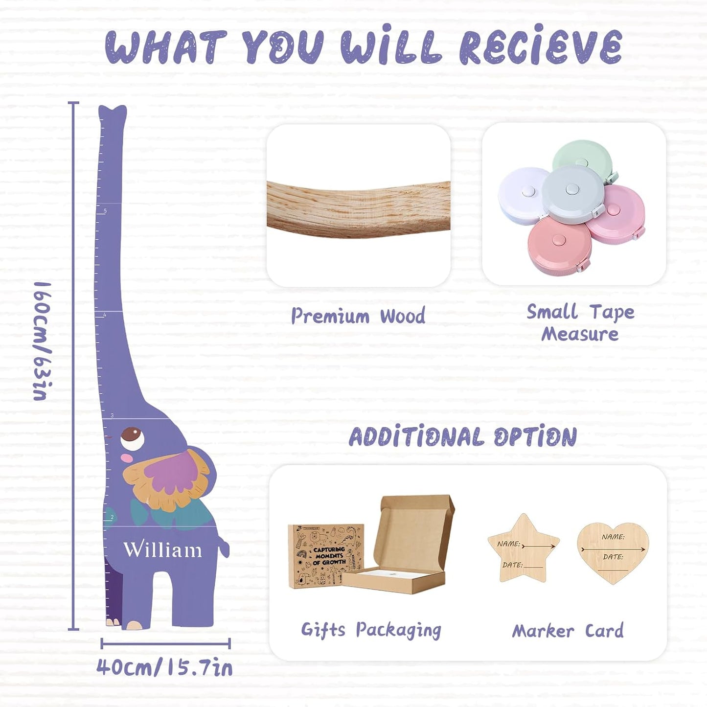 Personalized Name Growth Chart for Kids, Elephant Patchwork Wooden Height Chart for Wall Decor, Baby Boy Girl Measurement Ruler for Room 63" x 15.7"