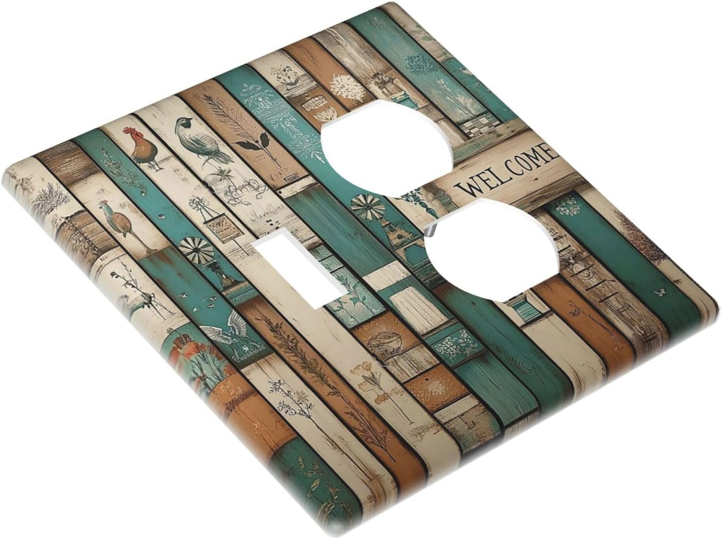 Wallplates Vintage Wood Brown Turquoise Splicing 1 Toggle 1 Duplex Switch Plate Electrical Gfci Faceplate Decorative Light Switch Covers For Farmhouse Cabin Decor