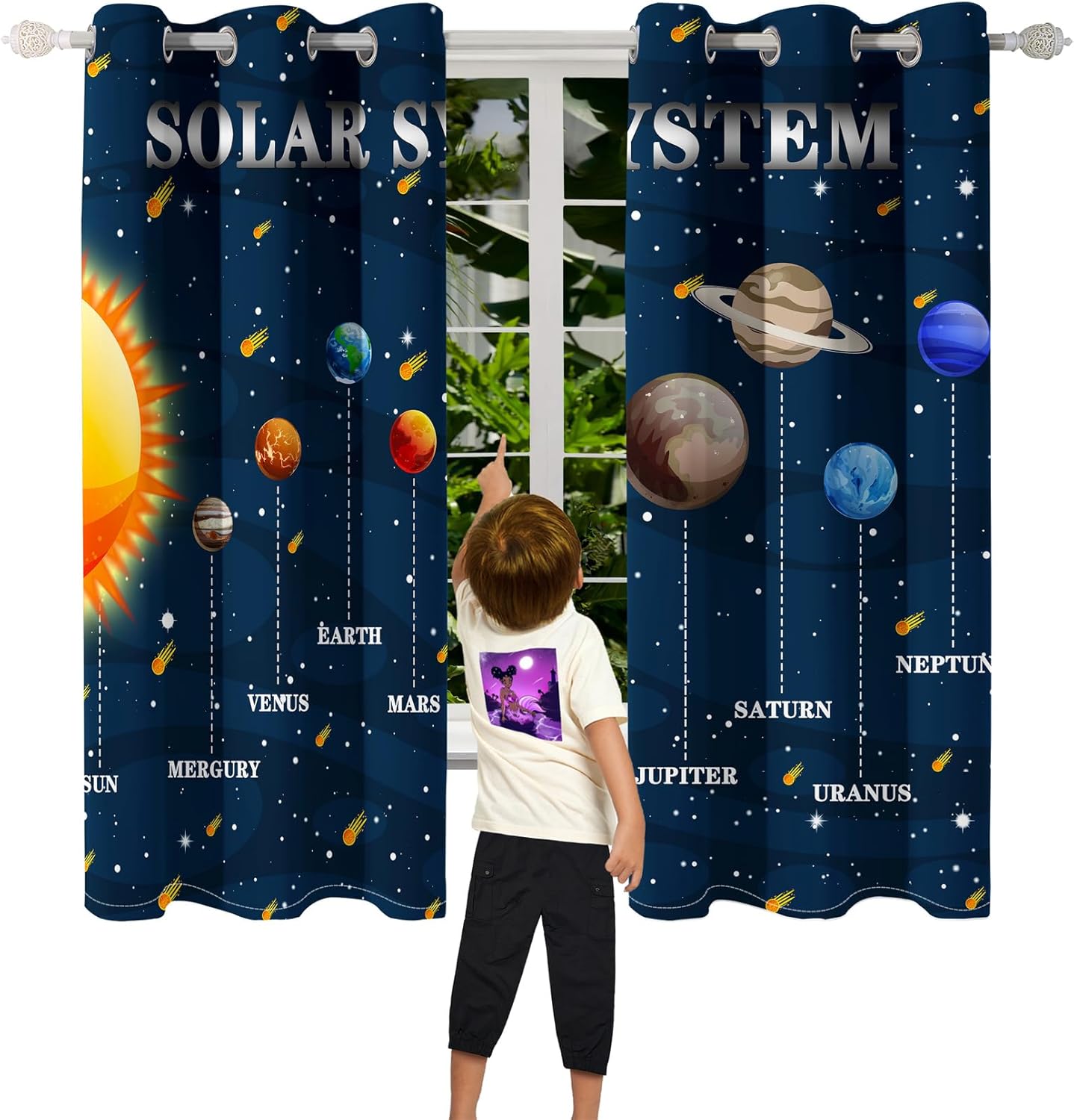 Outer Space Curtains for Boys - 2Pcs 82" x 63" Solar System Print Curtain Panels for Boys Bedroom Planets Galaxy 95% Blackout Grommet Top Window Drapes for Living Room