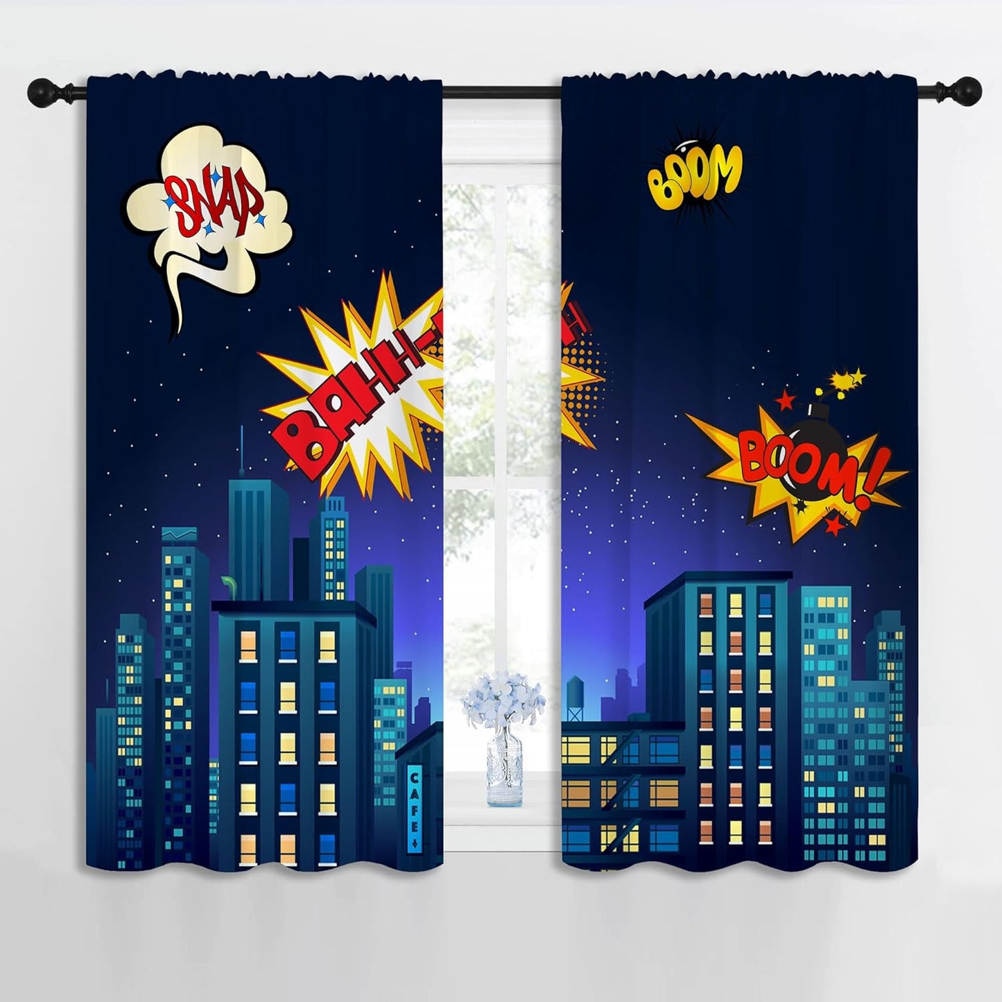 Superhero Rod Pocket Blackout Curtains for Boy Girl Bedroom, Cartoon Skyline Buildings Cityscape Home Energy Efficient Light Filtering Window Curtain for Living Room, 42x63 inch