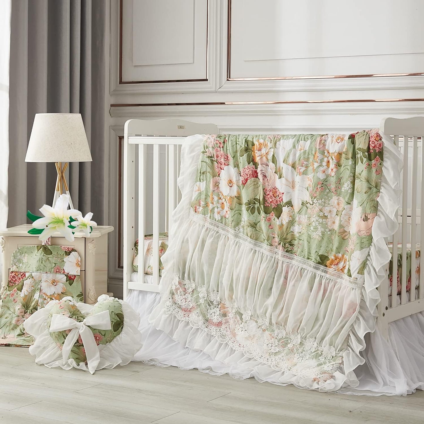Brandream Crib Bedding Sets for Girls Garden Floral Nursery Set 3-Piece | Ruffled Baby Comforter, Crib Sheet and Tulle Lace Crib Bed Skirt, Green White