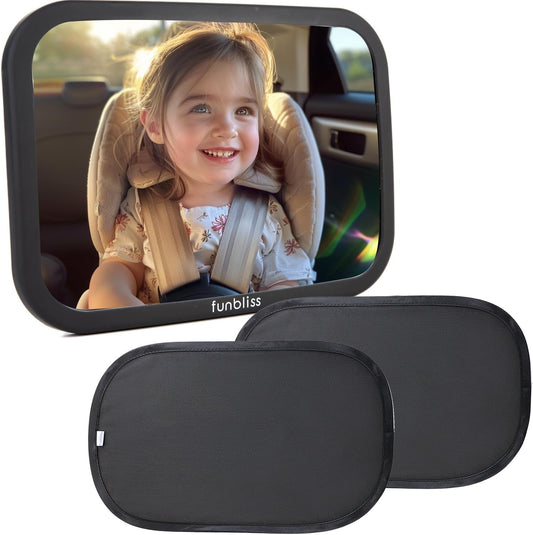 Funbliss Bar Mirror for Baby + 2 Pack Car Window Shades Bundle (19″ × 12″), UPF 50+ Window Shade for Baby in Car, 360° Rotation Fully-Adjustable Straps
