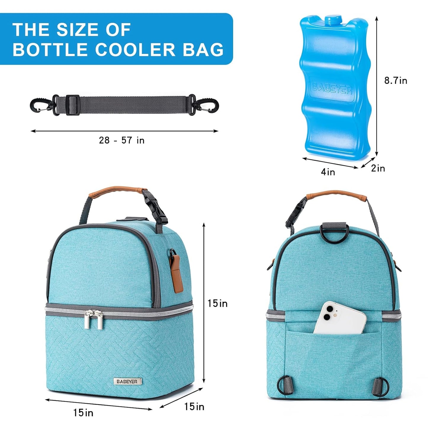 Breastmilk Cooler Bag with Ice Pack Fits 6 Baby Bottles up to 9 Ounce, Breast Milk Pump Cooler Bag with Shoulder Strap for Nursing Mom Daycare, Work, Travel- Lake Green