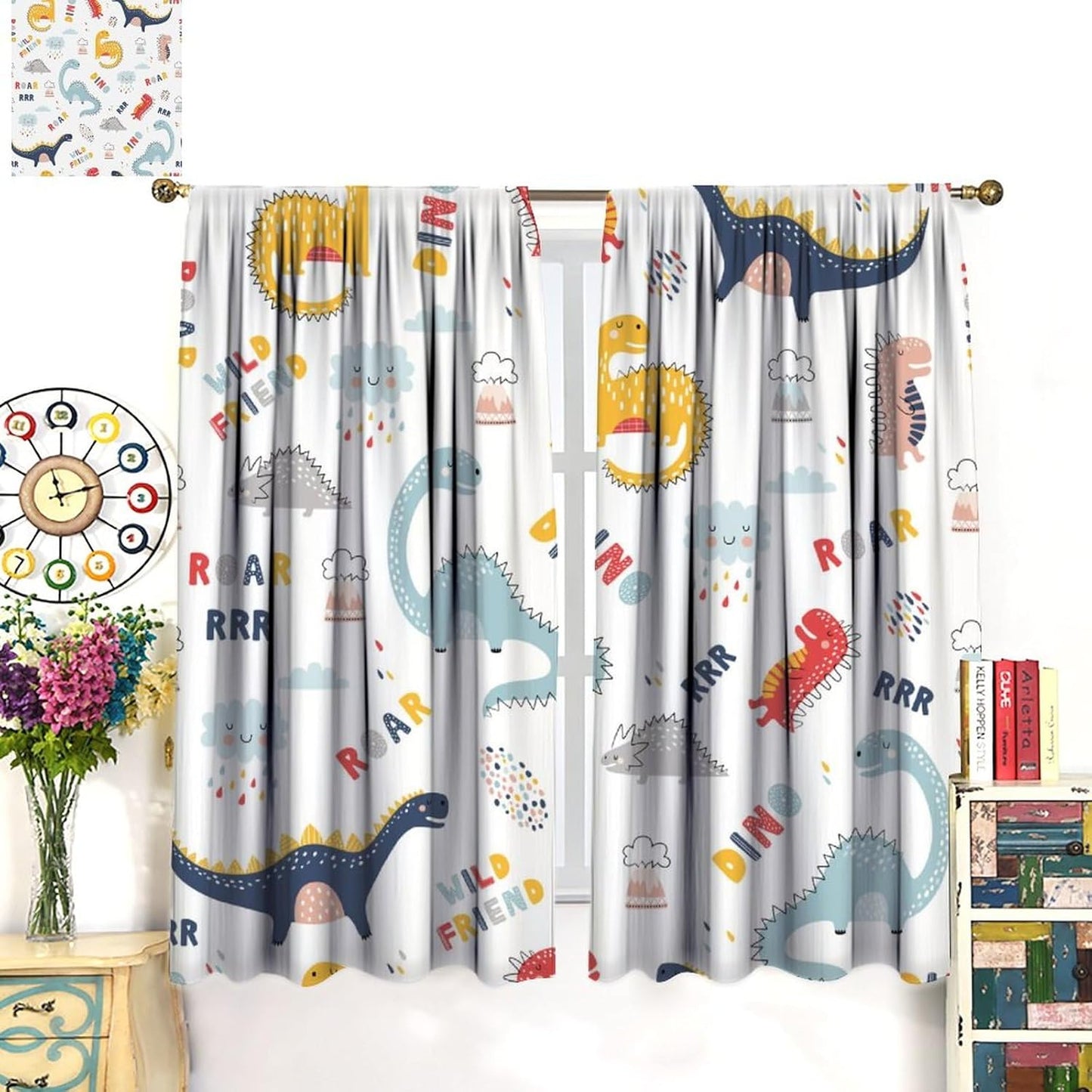 Cartoon Dinosaur Curtains for Kids Boys Girls Home Decor Colorful Cute Dino Animals Print Pattern Rod Pocket Blackout Window Drapes for Nursery Baby Bedroom Playroom W31.5xL63in 2 Panels