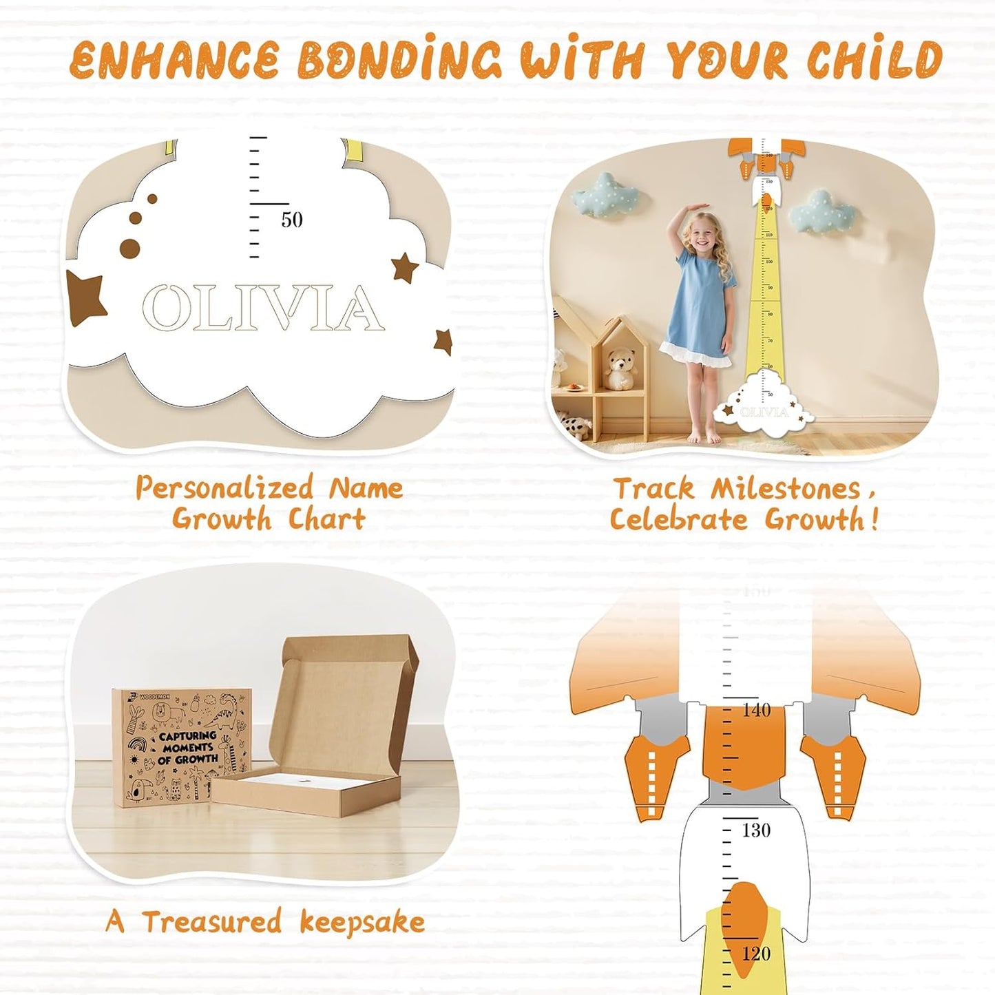 Personalized Name Kids Growth Chart for Wall – Wooden Rocket Height Chart Ruler, Wall Height Measurement for Boys & Girls 61.8" x 9.6"