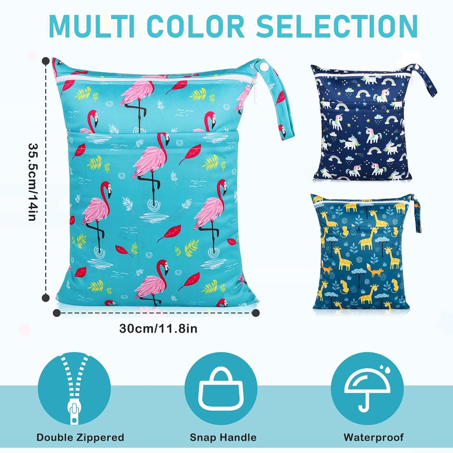 Angel Love Wet Bags for Baby, 3 Pack Wet Dry Bags for Baby Cloth Diaper, Wet Bathing Suit Bag Waterproof with Two Zippered Pockets, Washable Wet Bag for Swimsuit Travel Beach Pool Gym for Wet Clothes