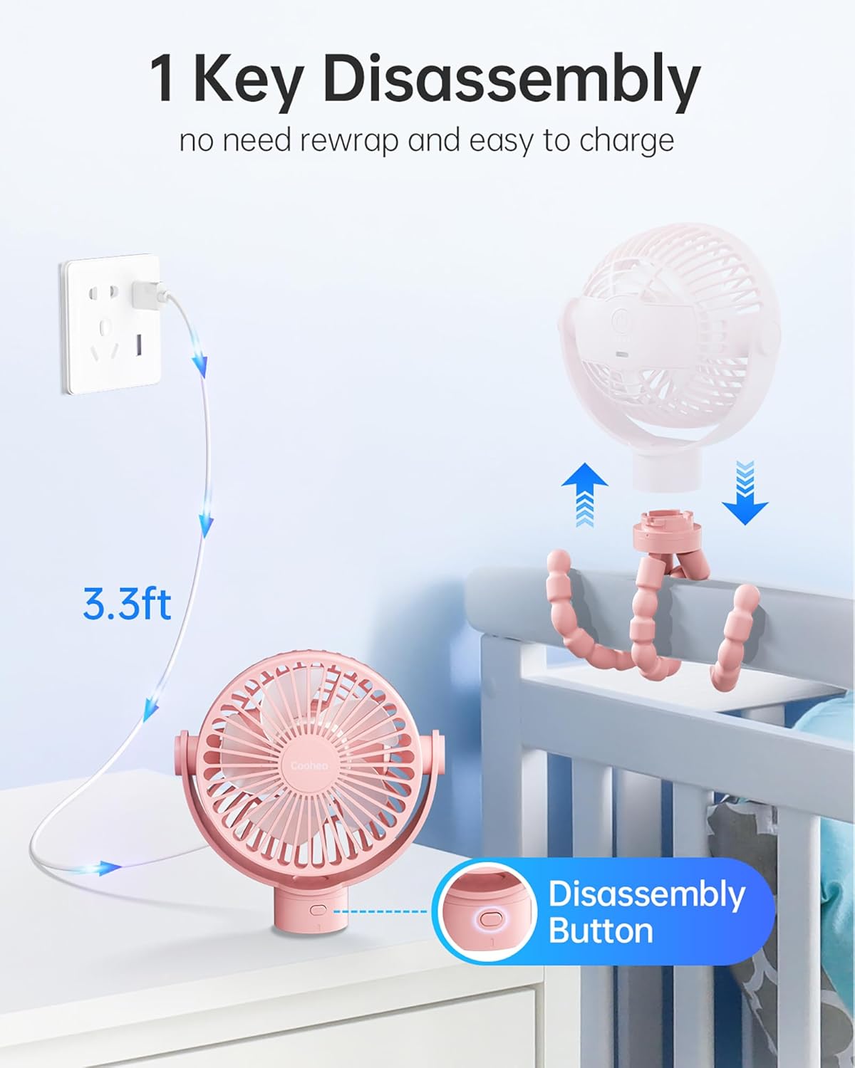 Stroller Fan Rechargeable Battery Powered Portable Fans, Head Detachable 360° Rotatable Clip on Fan, 3 Speed Quiet Small Mini Fans with Light Night for Carseat, Bed, Crib, Bike, Travel, Pink