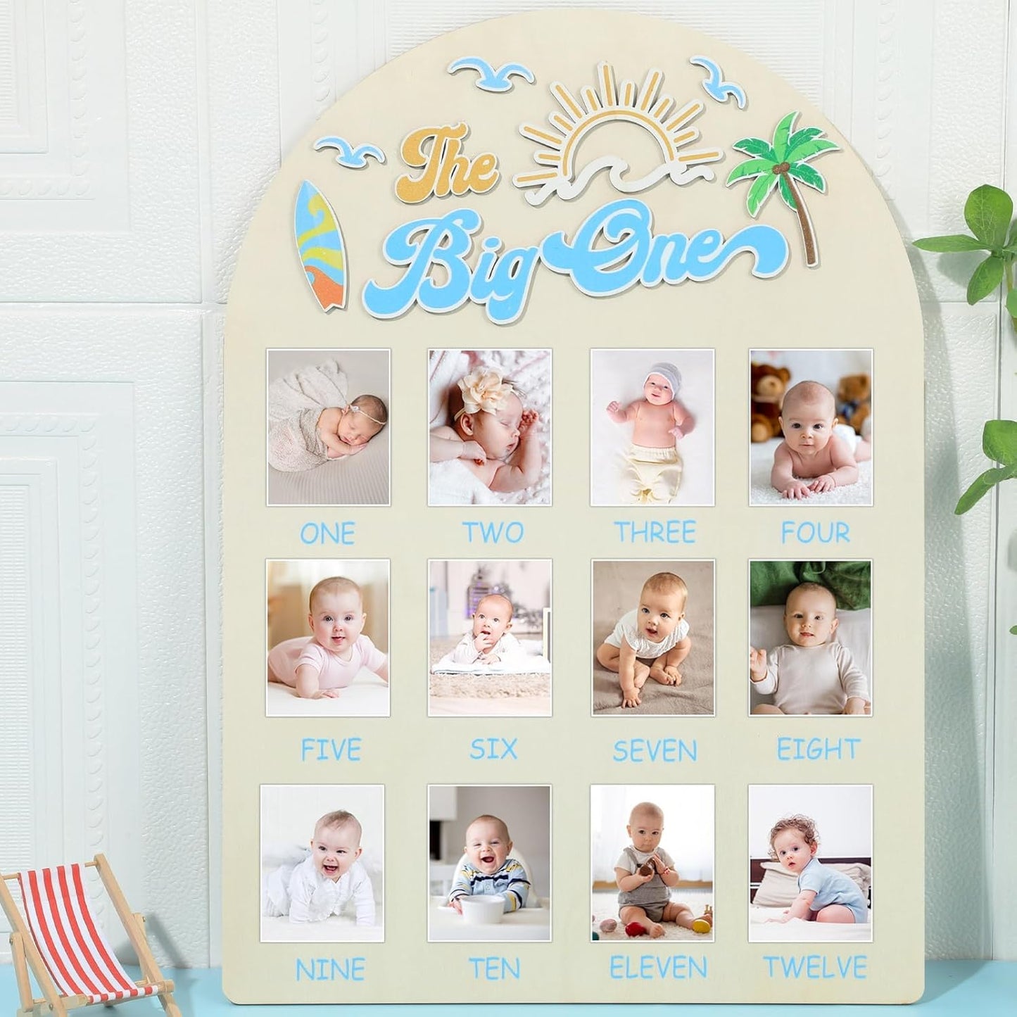 The Big One Photo Board Surf Birthday Party Wooden Board Decorations 12 Monthly Milestone Picture Frame One Year Old Wood Sign 1st Birthday Photo Banner for Baby Keepsake Gift Summer Beach Supplies