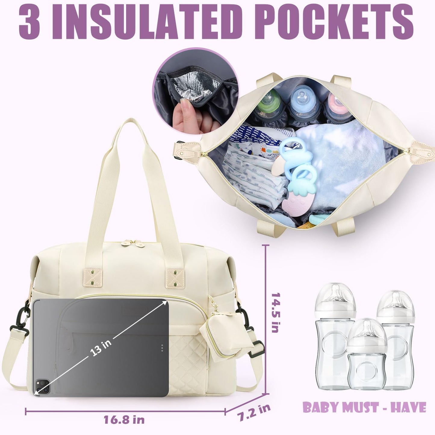 Tuwubi Diaper Bag Tote,Baby Diaper Bag with Pacifier Case Large Travel Diaper Tote Caddy for Mom and Dad Multifunction Large Baby Bag - White