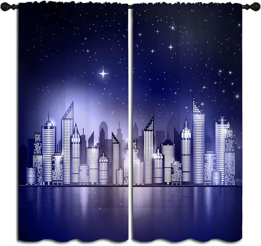 City Rod Pocket Blackout Curtains for Boy Girl Bedroom, New York Skyline Modern City Starry Sky Night View Thermal Insulated Home Window Drapes for Living Room Darkening, 84x72 inch