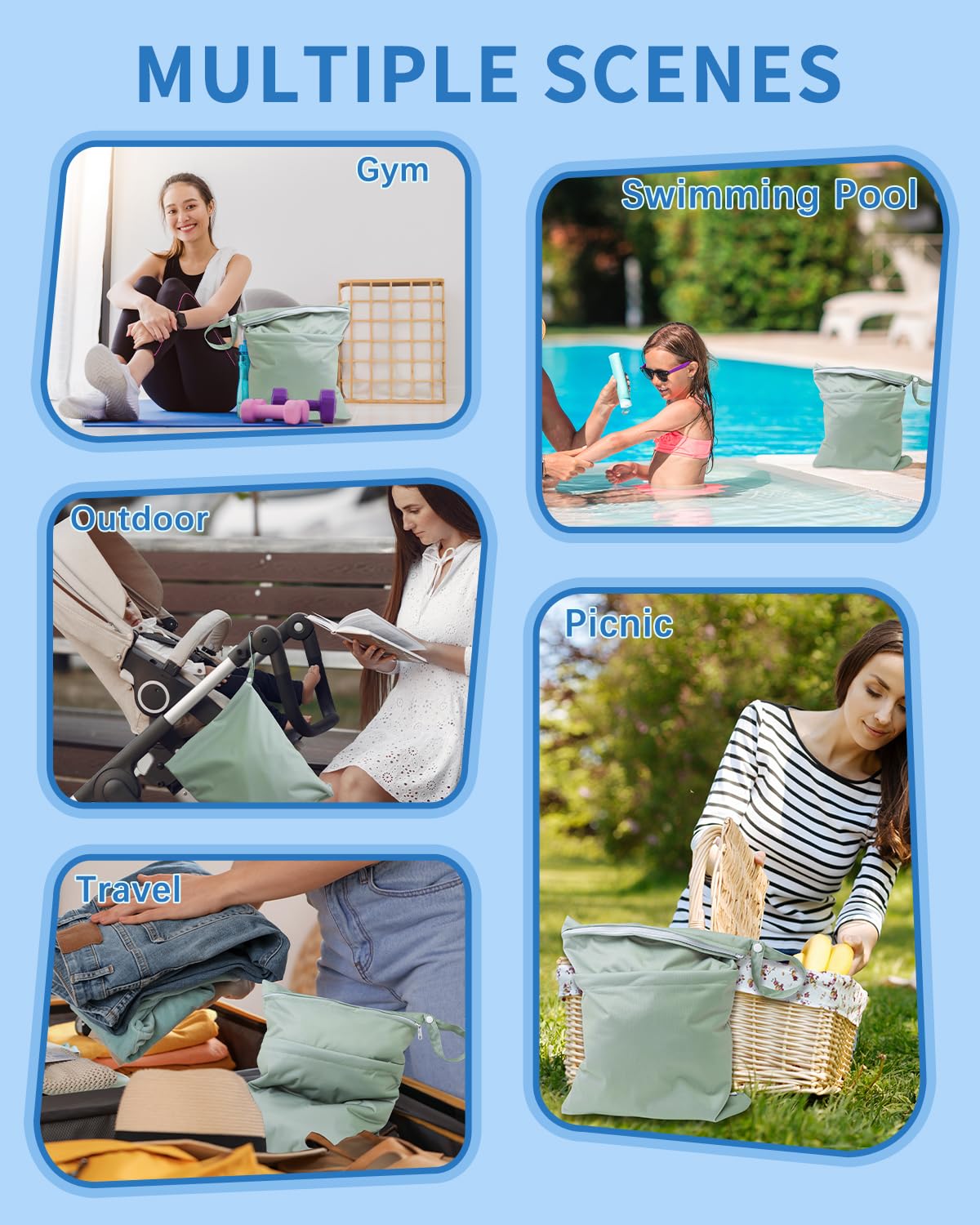 babygoal Wet Dry Bags for Baby Cloth Diapers 3 Pack, Washable Travel Bags, Beach, Pool, Gym Bag for Swimsuits & Wet Clothes with Two Pockets, Snap Handle 3LN32