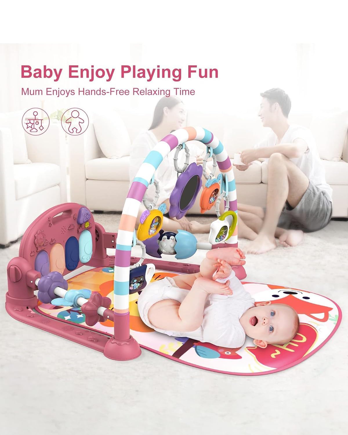 Dearlomum Play Mat and Gym - Piano Tummy Time Activity Mat With 5 Sensory Toys, Music and Lights - Gifts for Newborn 0 to 12 Months (New Pink)