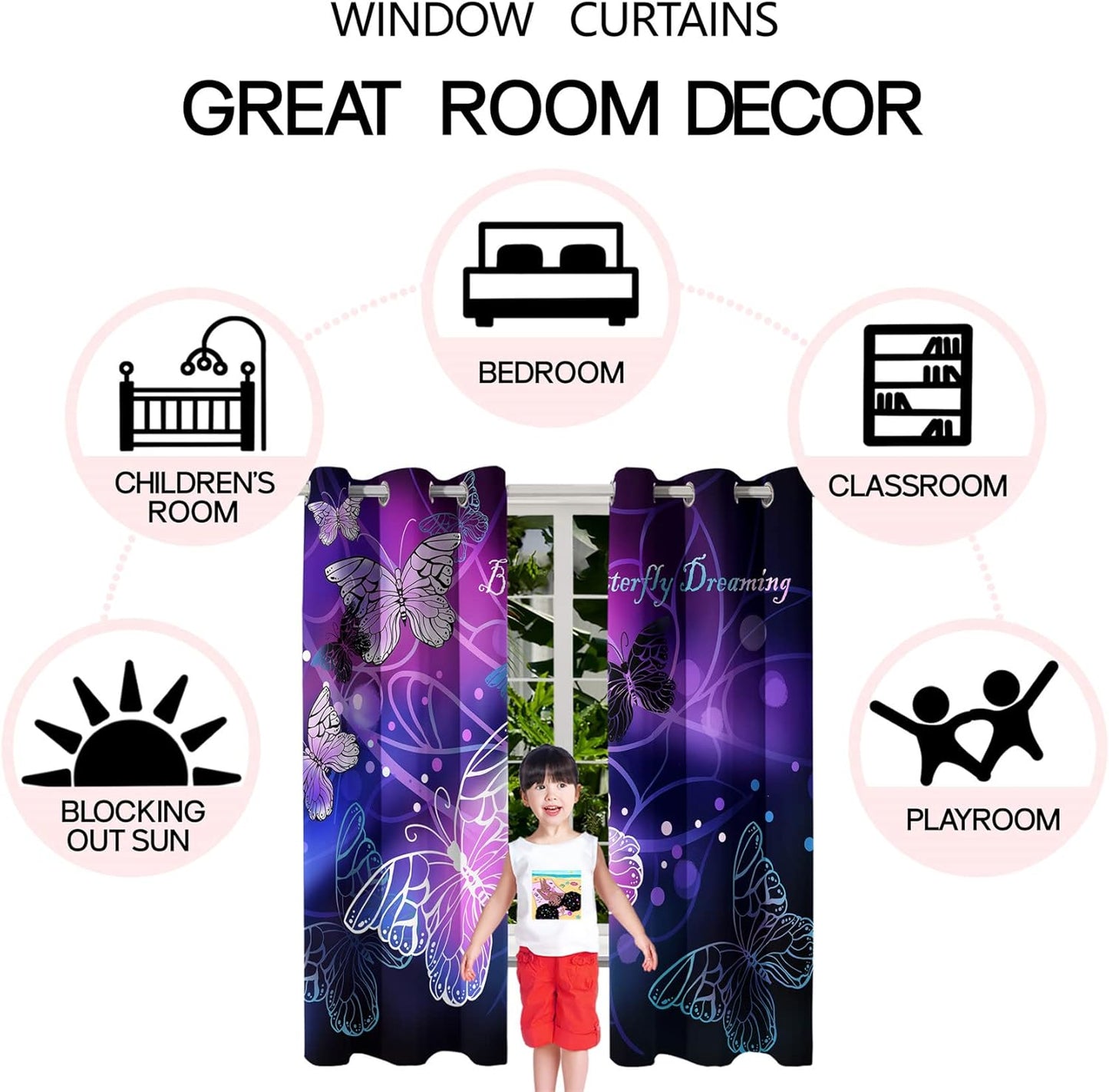 Butterfly Window Curtain Panels Purple Blackout Girls Curtains for Bedroom 2 Panels Curtains 84 inch Length for Girls Bedroom Nursery Room Grommet Top Thermal Insulated Curtains, 82" x 84"