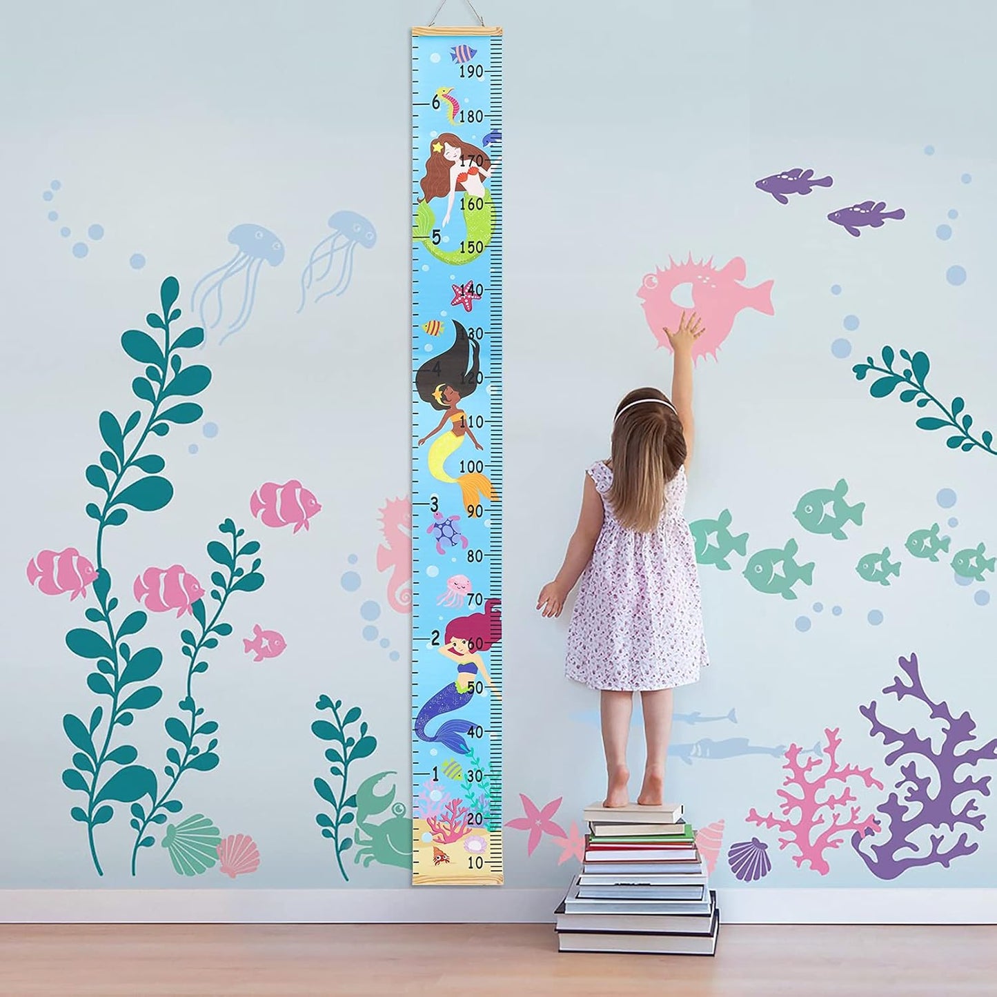 Kids Growth Chart Height Measuring Chart, Mermaid Canvas Wall Hanging Rulers for Baby Children Girls Bedroom Decor 74.8''* 7.87''